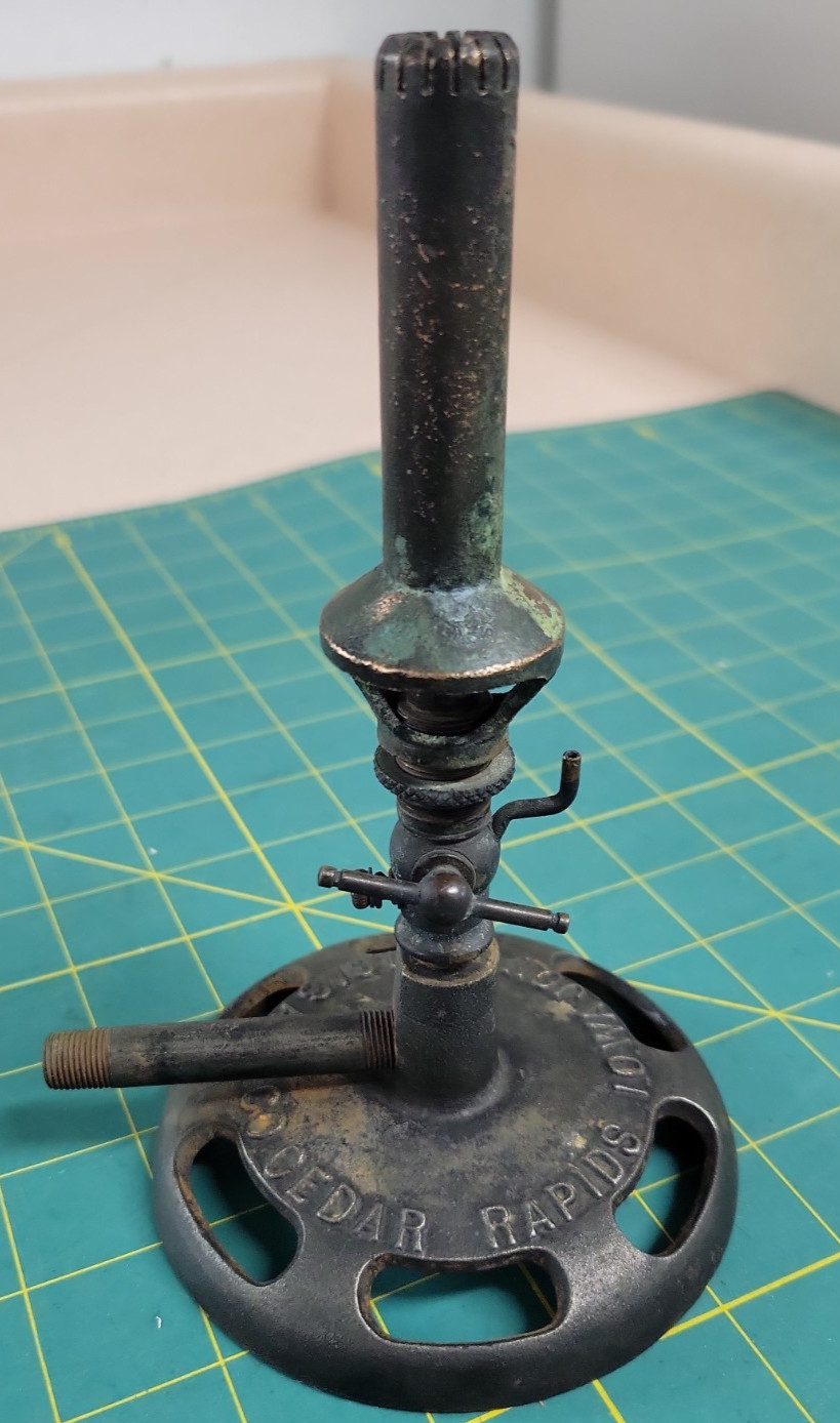 Antique Johnson Gas Bunsen Burners Brass Burner w/Cast Iron Base Cedar Rapids IA