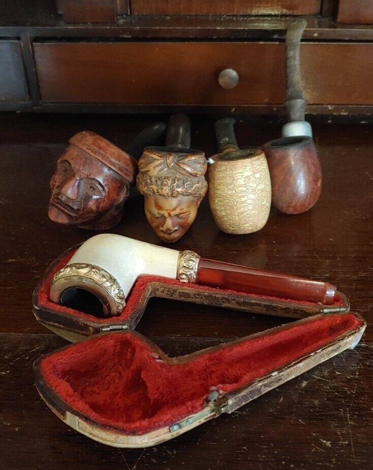 5 Vtg/Antique Unique Meerschaum Sterling Imported Briar Tobacco Pipes As Lot