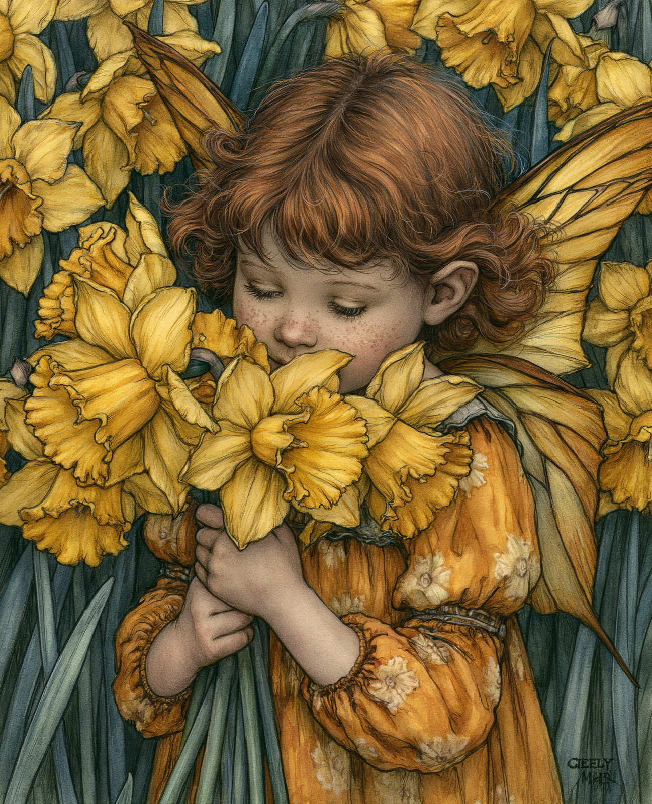 Daffodil Flower Fairy Child Nestled Among Golden Blossoms Print - 594611695