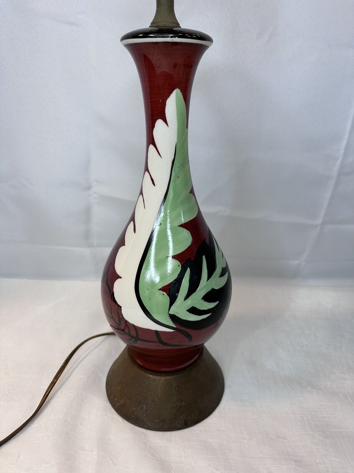 Vtg MCM Genie Bottle Hand Painted Signed Abstract Ceramic Table Lamp Red Green