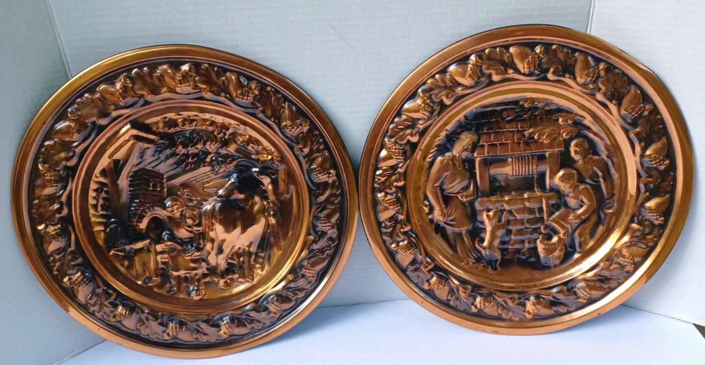 Vtg Coppercraft Guild Wall Art Relief Copper Plate Blacksmith & Family Set 2 13\