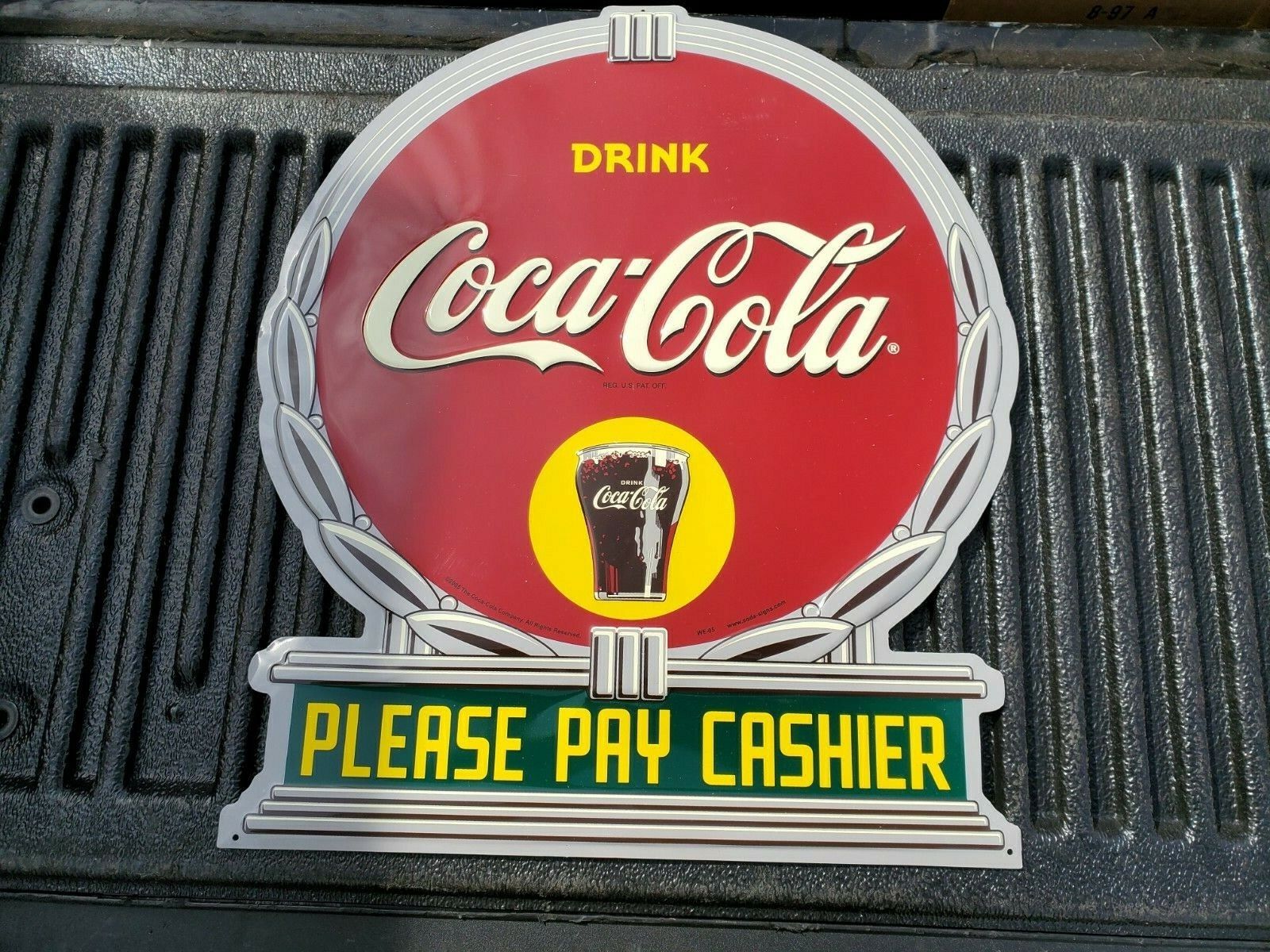 Vintage Drink Coca Cola Please Pay Cashier diecut  Sign General store gas statio