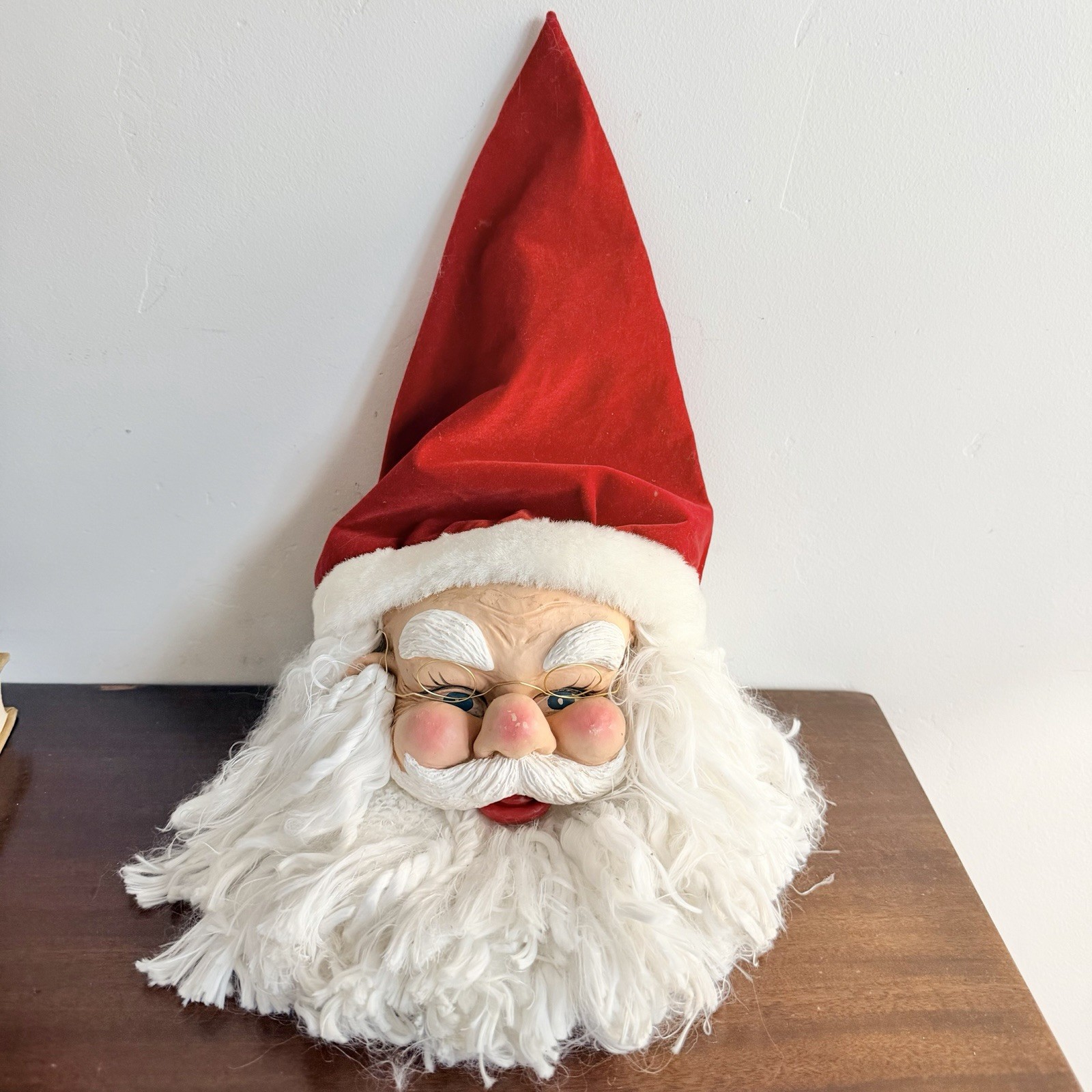 Vintage Plastic Resin Santa Character Face 17” Yarn Like Beard & Hair Kitchy