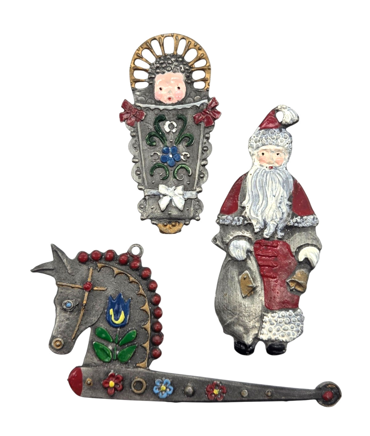 Vintage Hand Painted German Kuhn Zinn Pewter Christmas Ornaments Set Of 3
