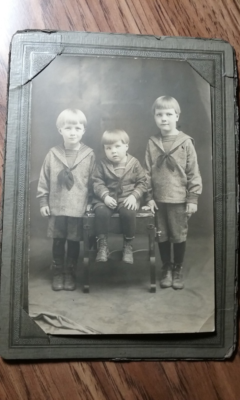 Edwardian Cabinet Photo of Three Little Brothers Cardboard Frame Sepia Antique