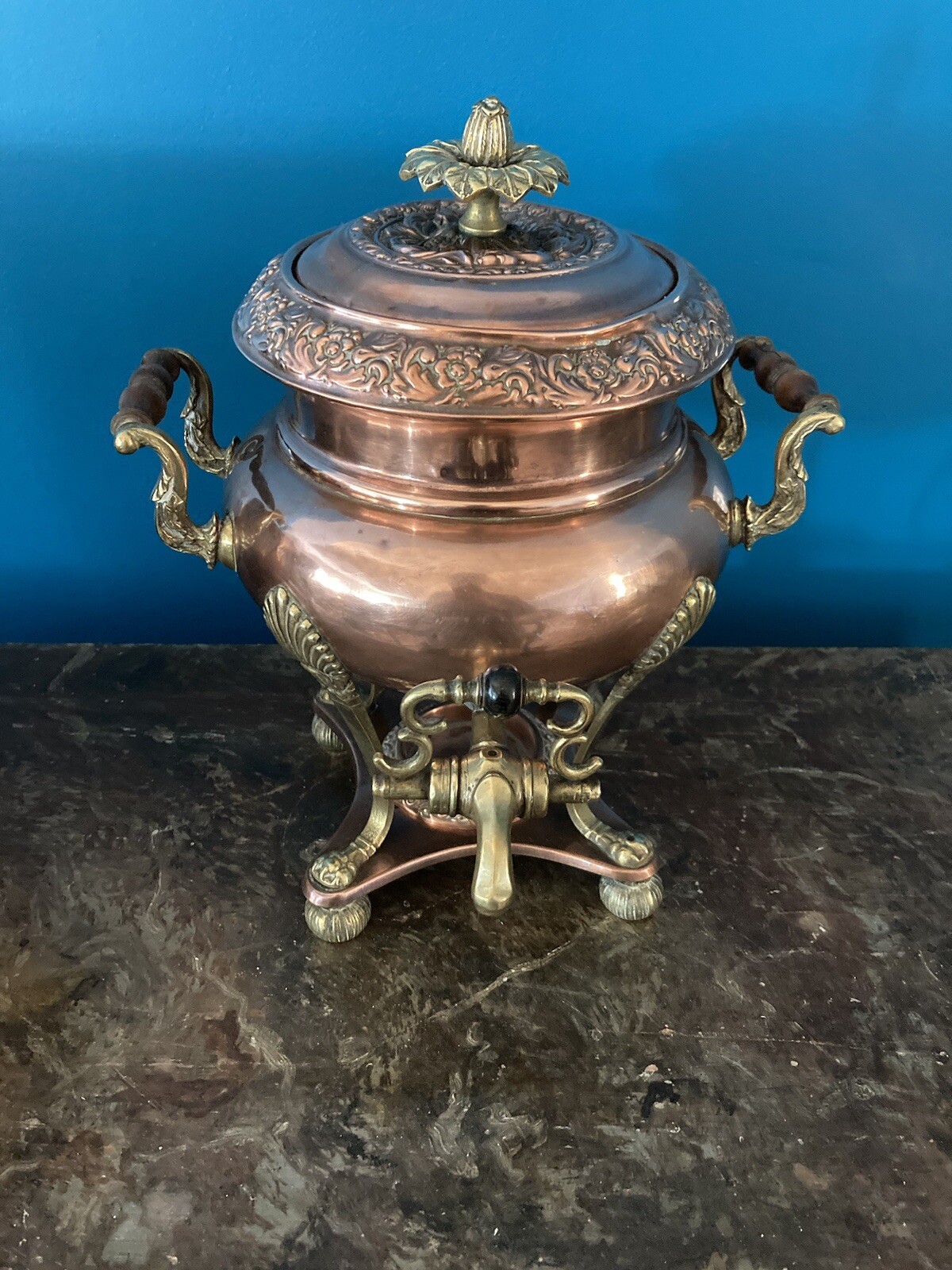 Elegant Hand-Crafted 19th Century Copper & Cast Brass Tea Urn Circa 1890