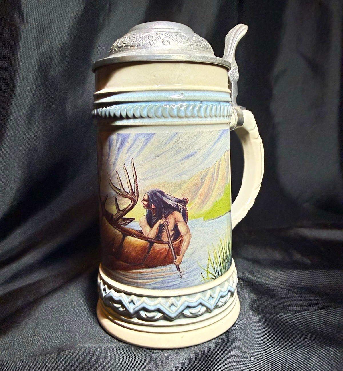 Vintage Gerz Germany Native American Beer Stein 95% Zinn Pewter Lid