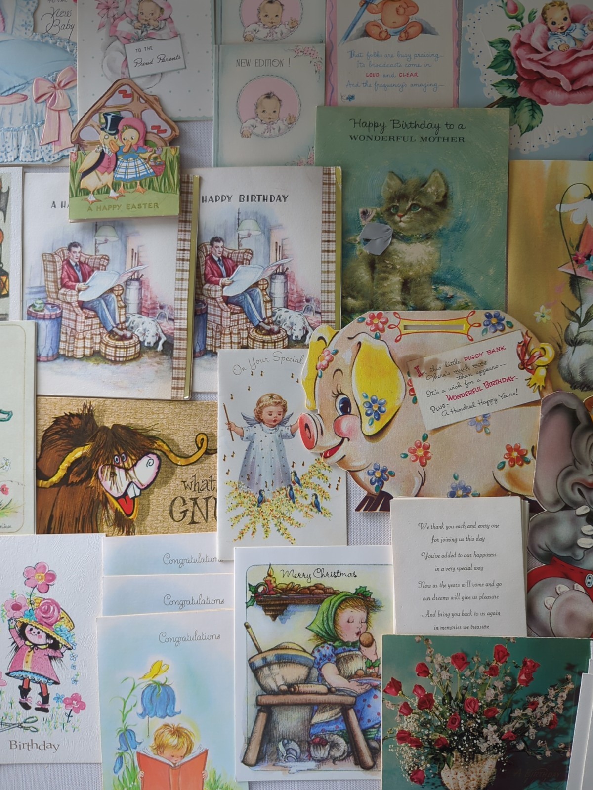 30+ VTG 1930s-60s greeting card lot unused Guys/Gals, babies, Animals 