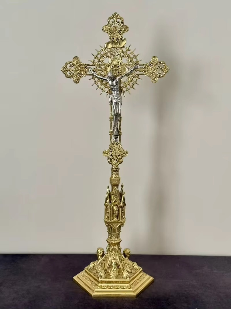 Brass Catholic Cross Crucifix Station With Saint Benedict Medallion Engraving