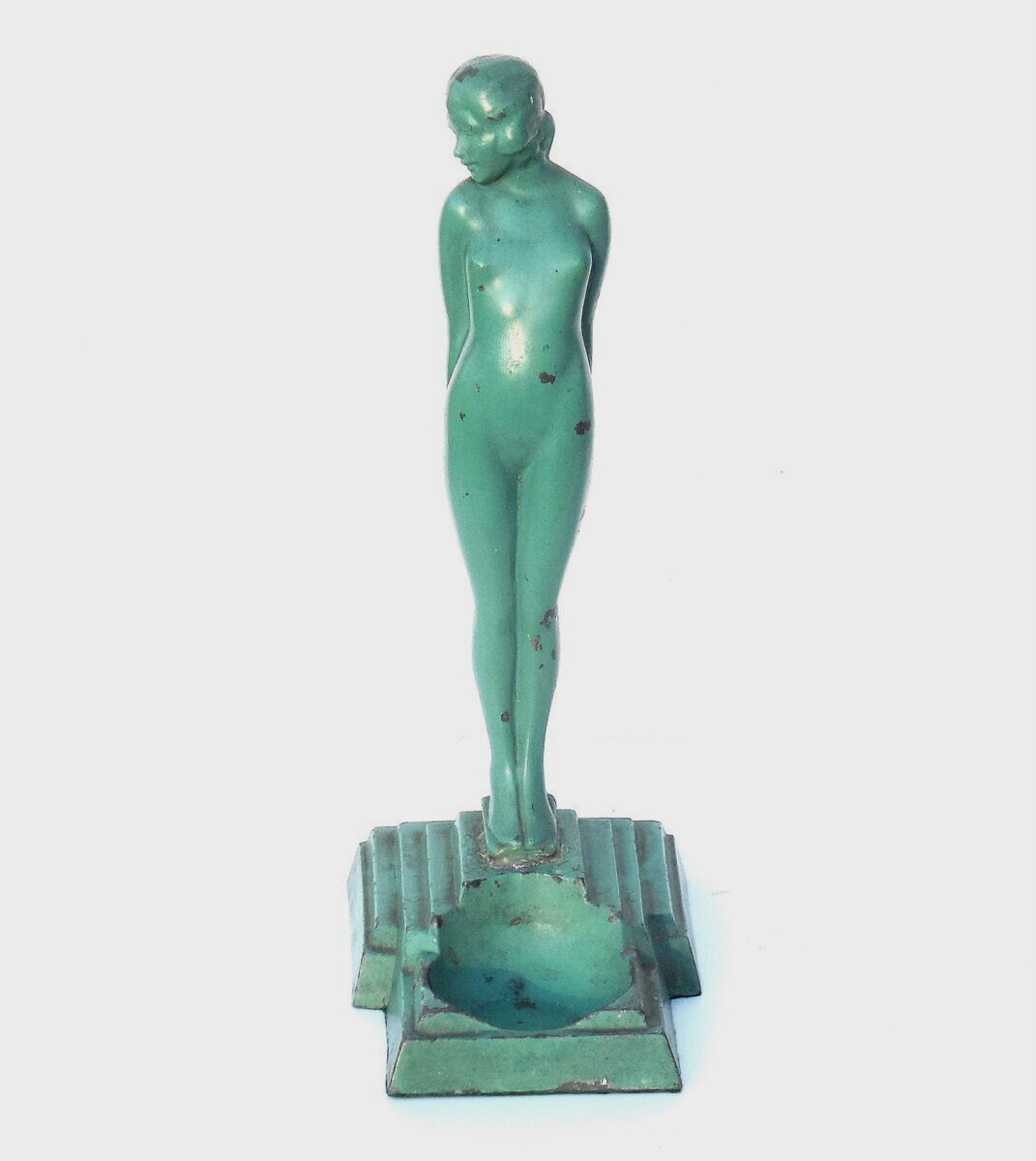 Lovely ART DECO Green Enamel Metal STANDING NUDE Statue Signed Statue 1931 \'EVE\'