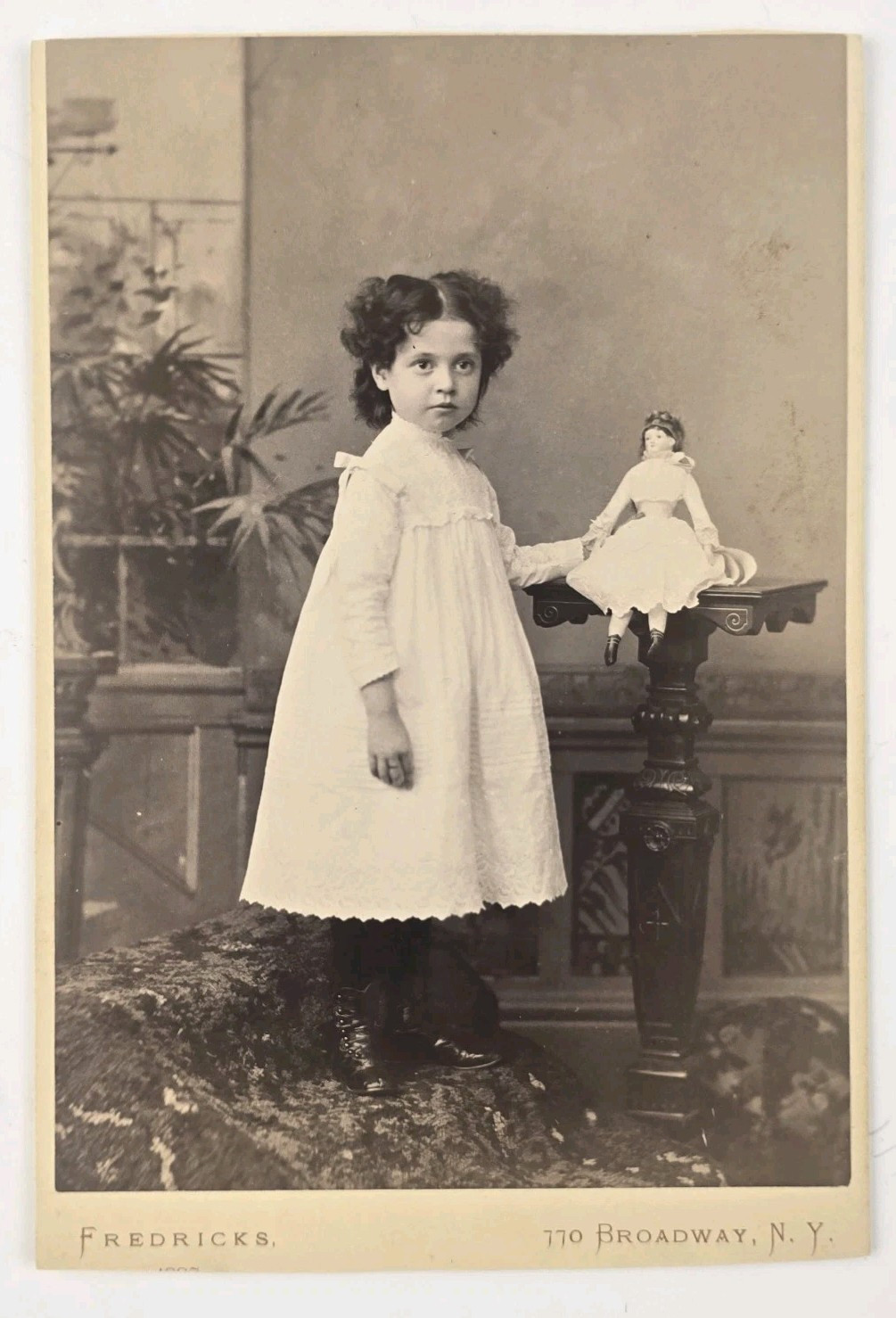 Antique Cabinet Card Photo Cute Victorian Child Girl Doll Unique Fredricks NY 