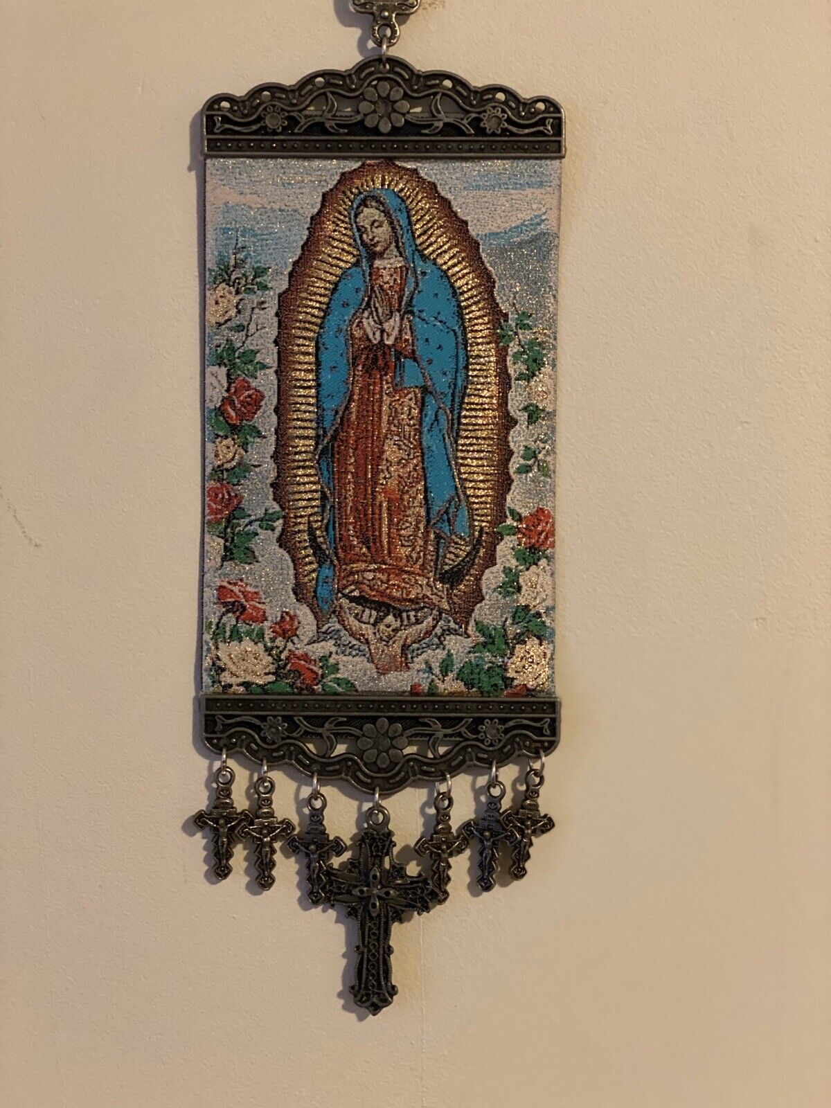 Guadalupe Mary icon banner Religious Rose Pure Cotton with Gold Yarn