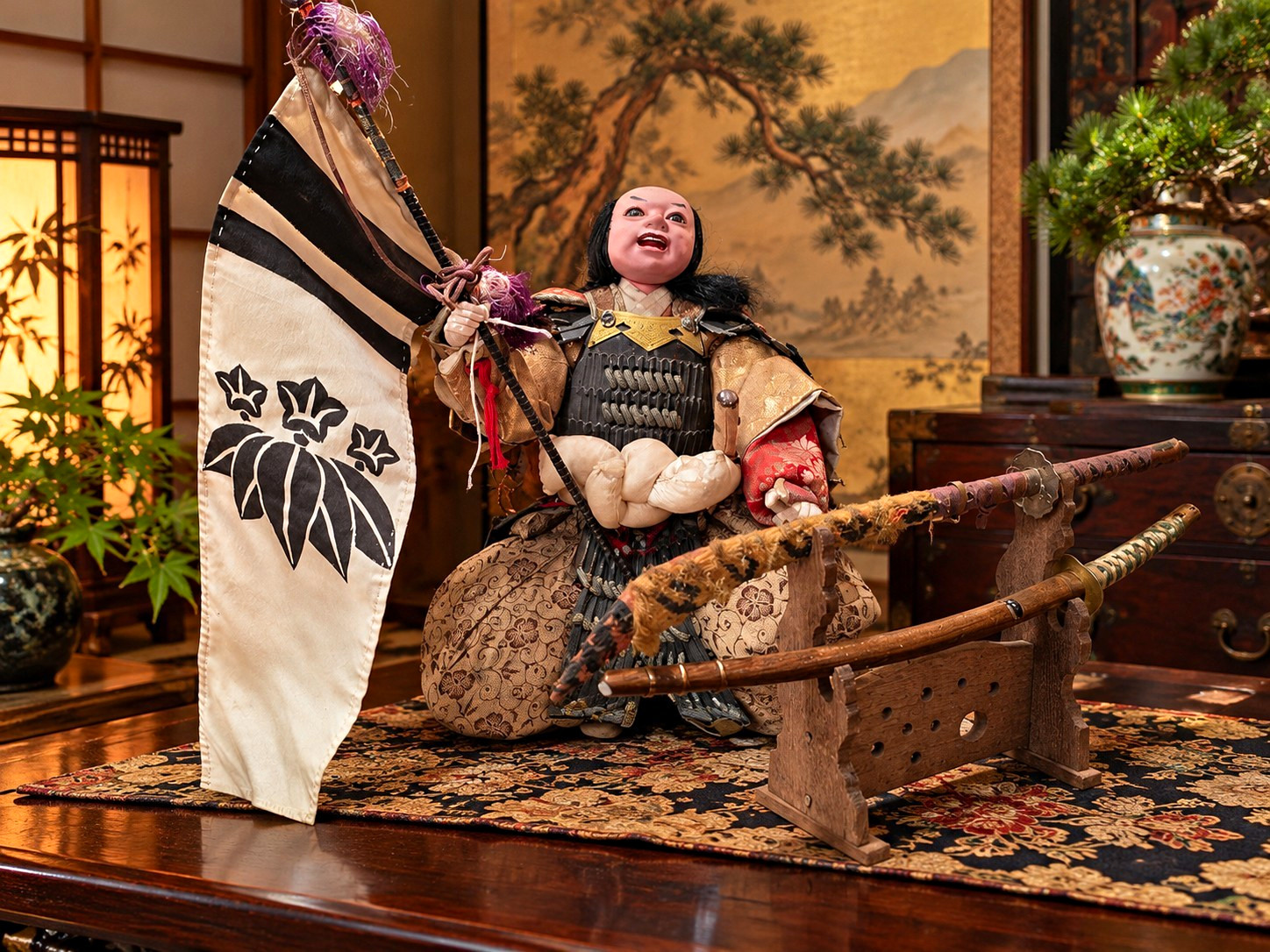 Antique Japanese Meiji Period Musha Ningyo Samurai Warrior Doll Banner & Swords