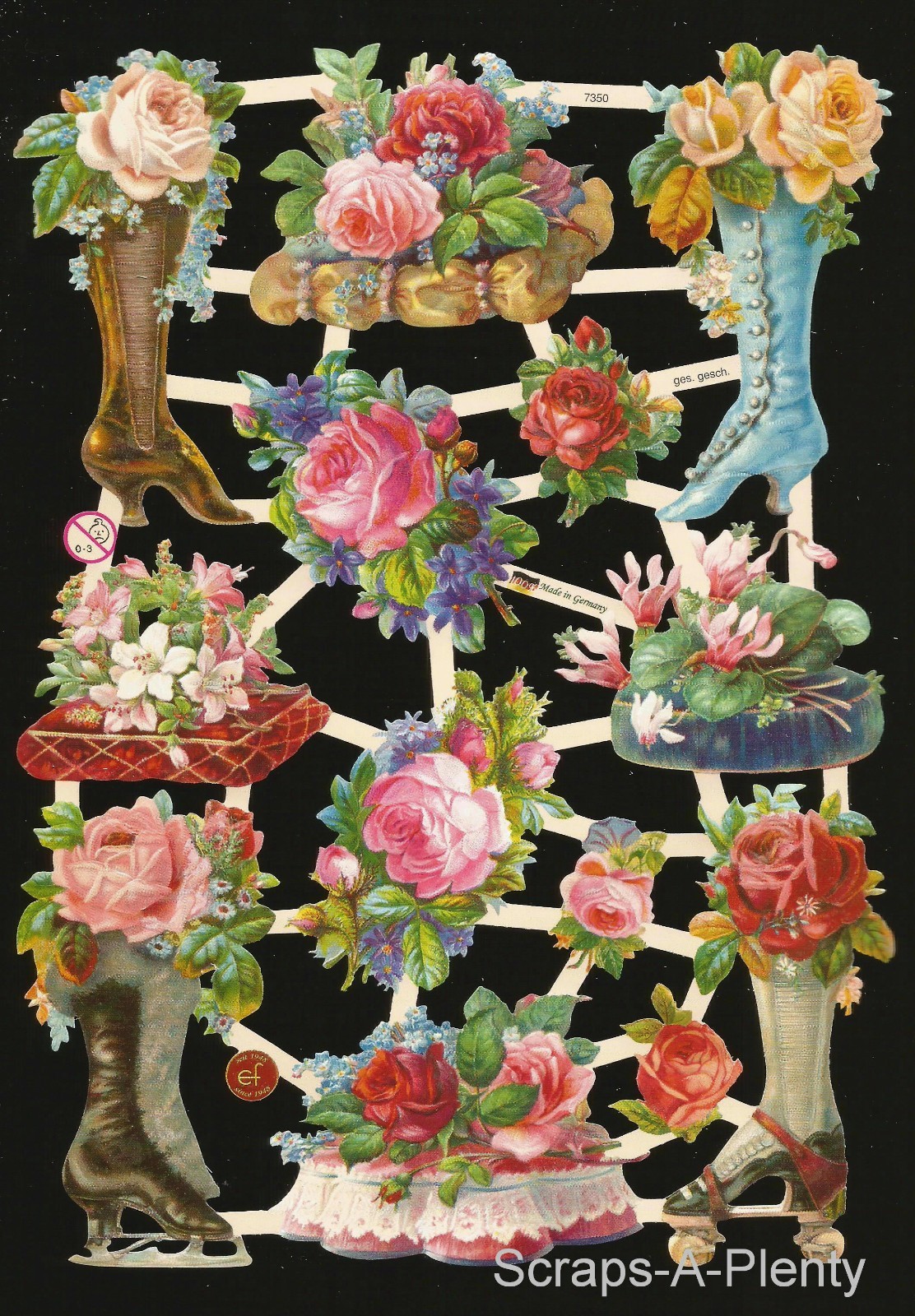 German Embossed Vintage Style Scrap Die Cut - Victorian Boots & Flowers EF7350