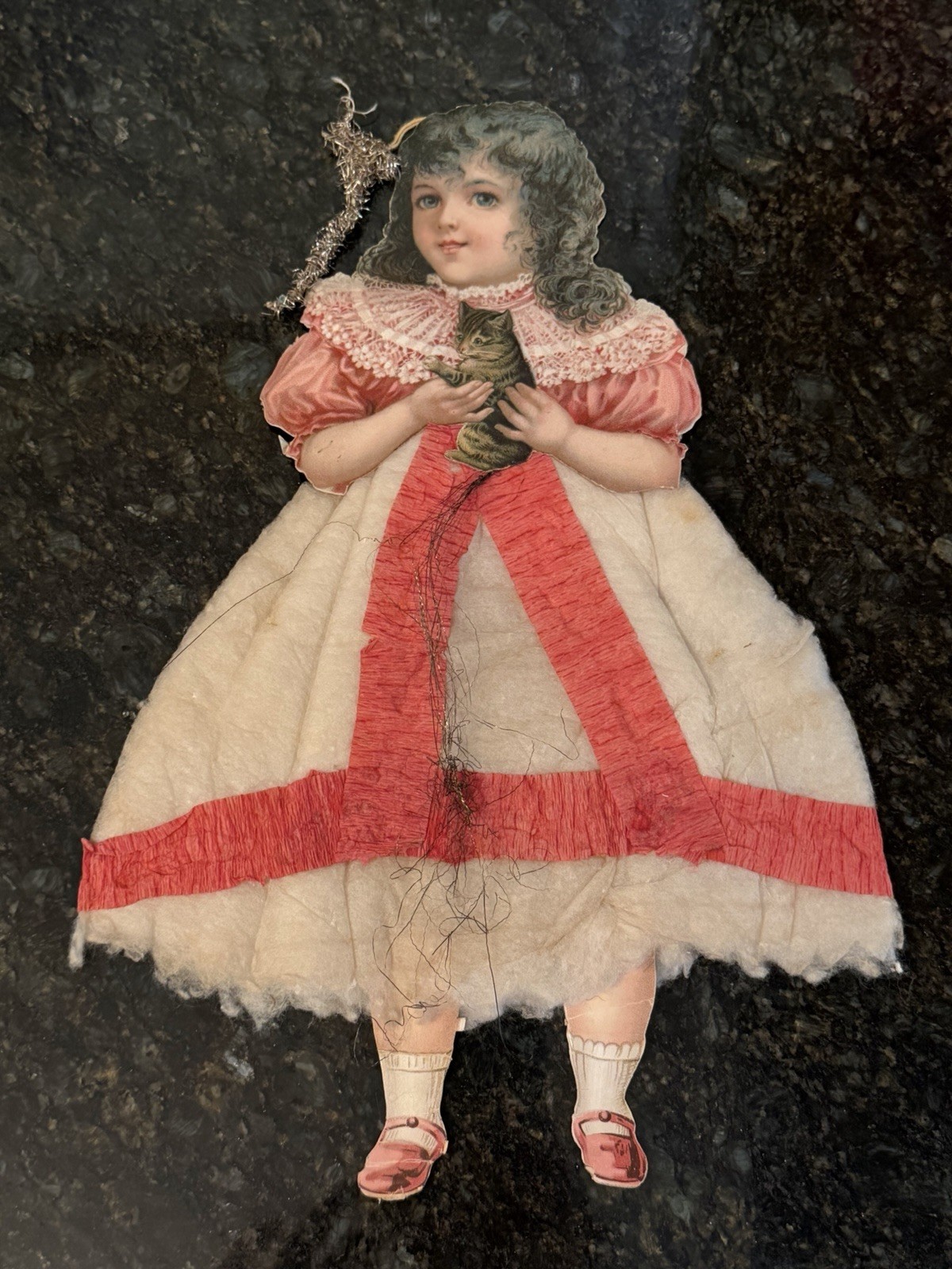 Antique Christmas Ornament Girl Holding Cat 13” Cotton Batting Crepe Tinsel