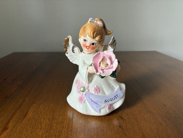 Vintage Lefton AUGUST Birthday Girl Angel Figurine 6224 4.75” Pink Flowers