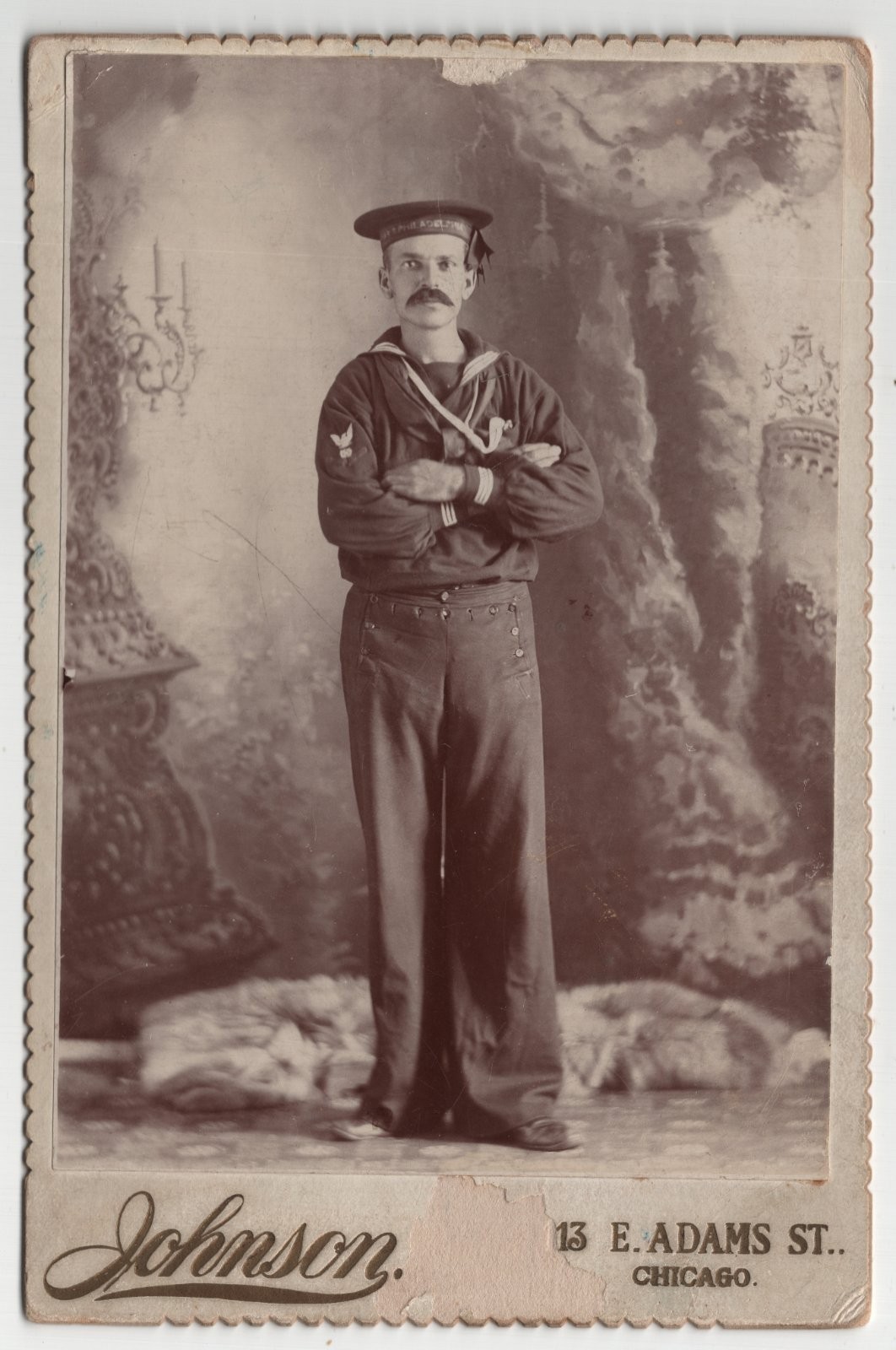 Antique Cabinet Card Johnson US Navy Sailor Uniform Hat Mustache Chicago IL