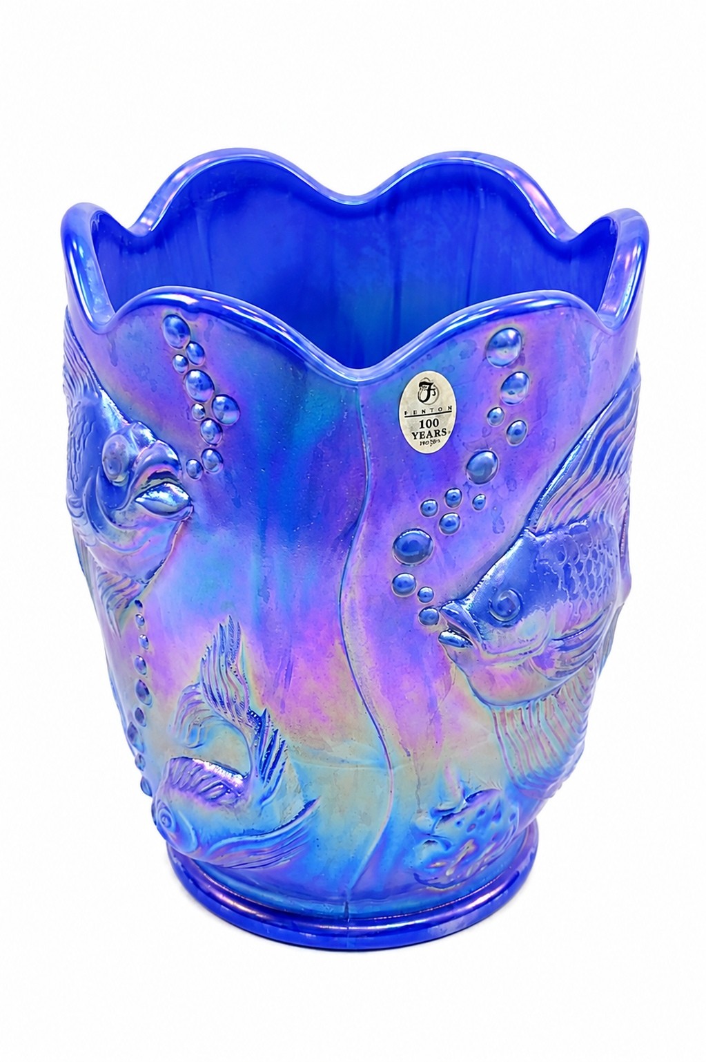 Fenton Atlantis Museum Collection 2004 Periwinkle Iridescent Fish Vase 6.5