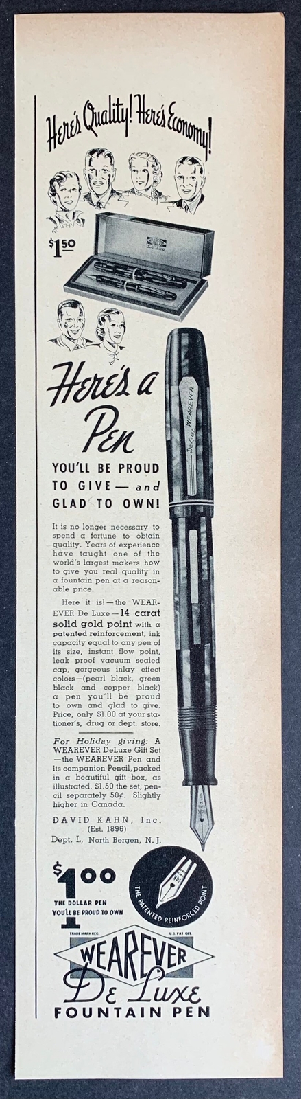Vintage 1937 Wearever De Luxe Fountain Pens Print Ad