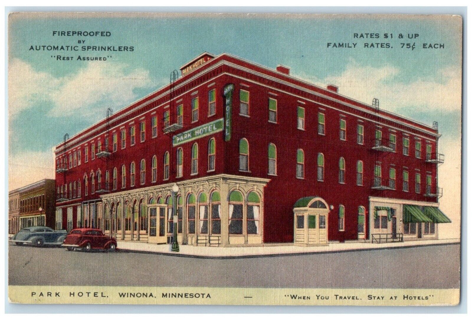c1930's Park Hotel Building Cars Street View Winona Minnesota MN Postcard