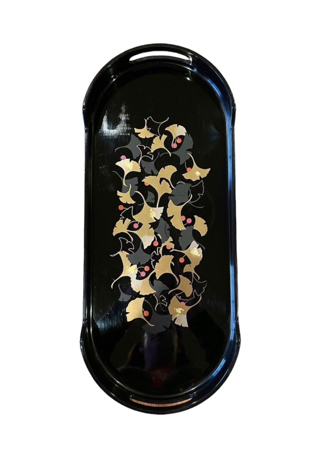 Vintage mid-century modern Japanese lacquer black with gold gingko leaves