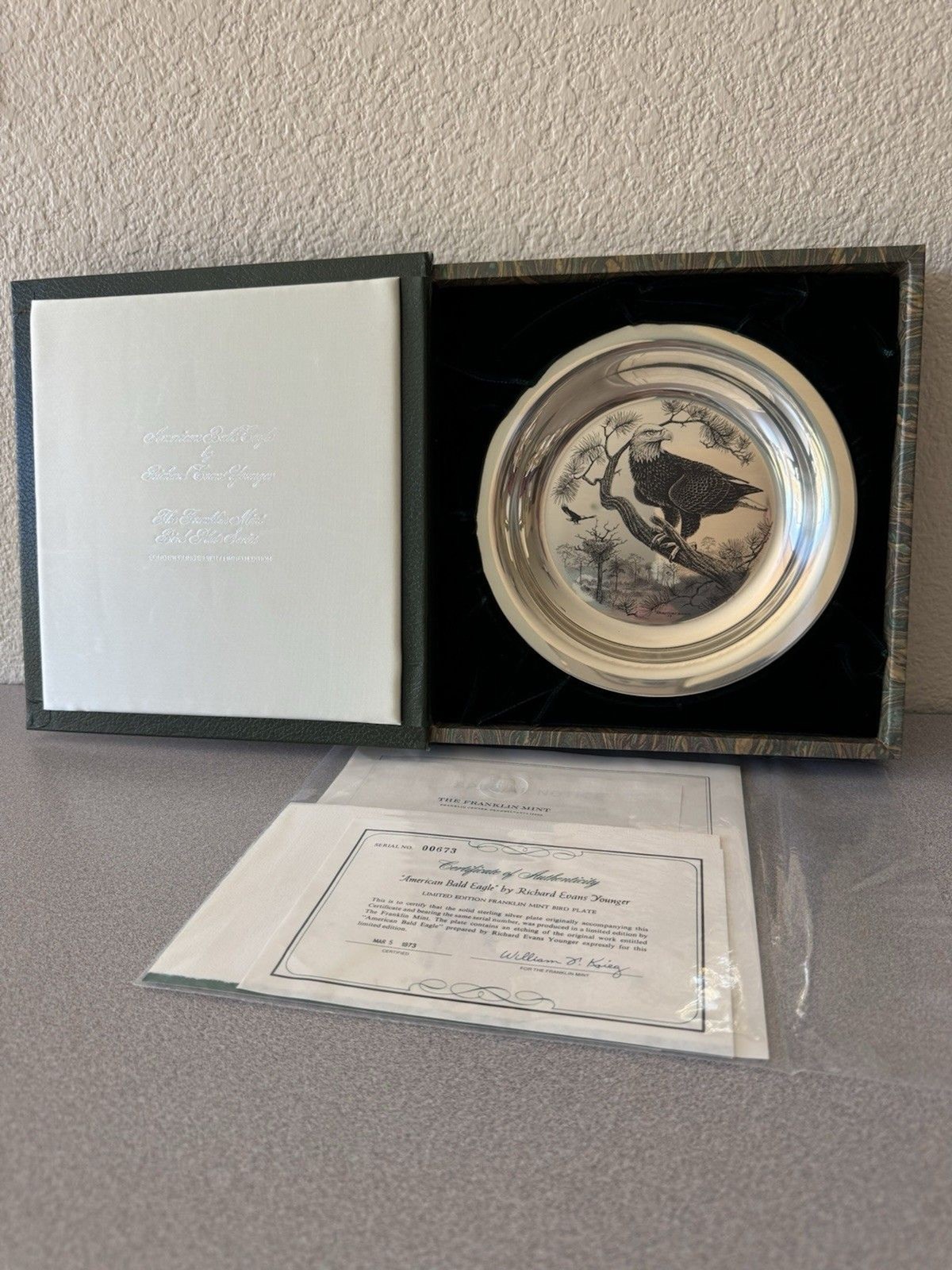 1973 Franklin Mint Bald Eagle Sterling Silver Plate 182g Box COA Richard Younger
