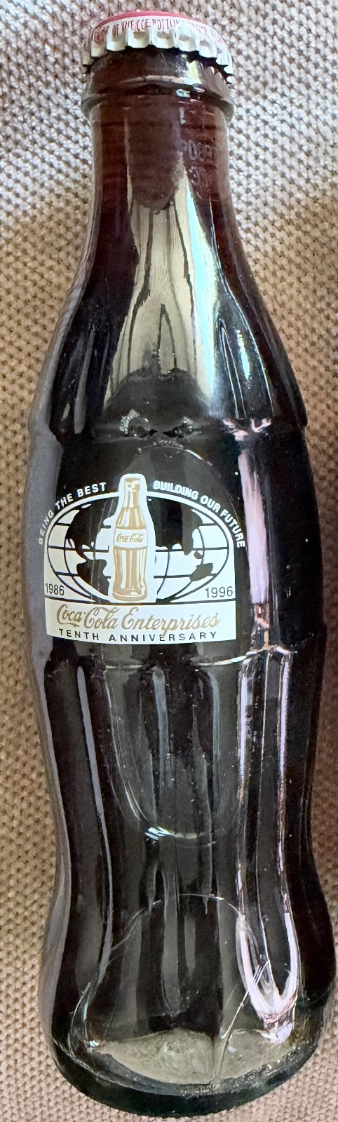 1996 Coca-Cola Enterprises CCE 10th Anniversary Bottle 1986–1996 Full Unopened