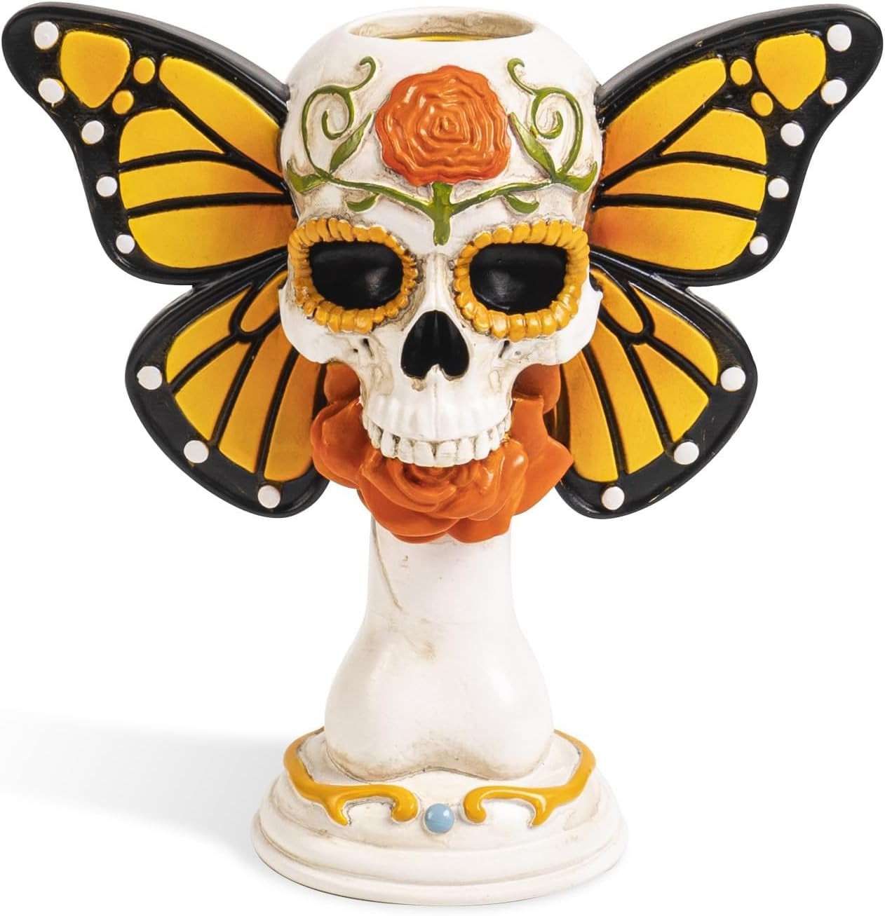 Sugar Skull Monarch Butterfly Figurine with Taper Candle Holder
