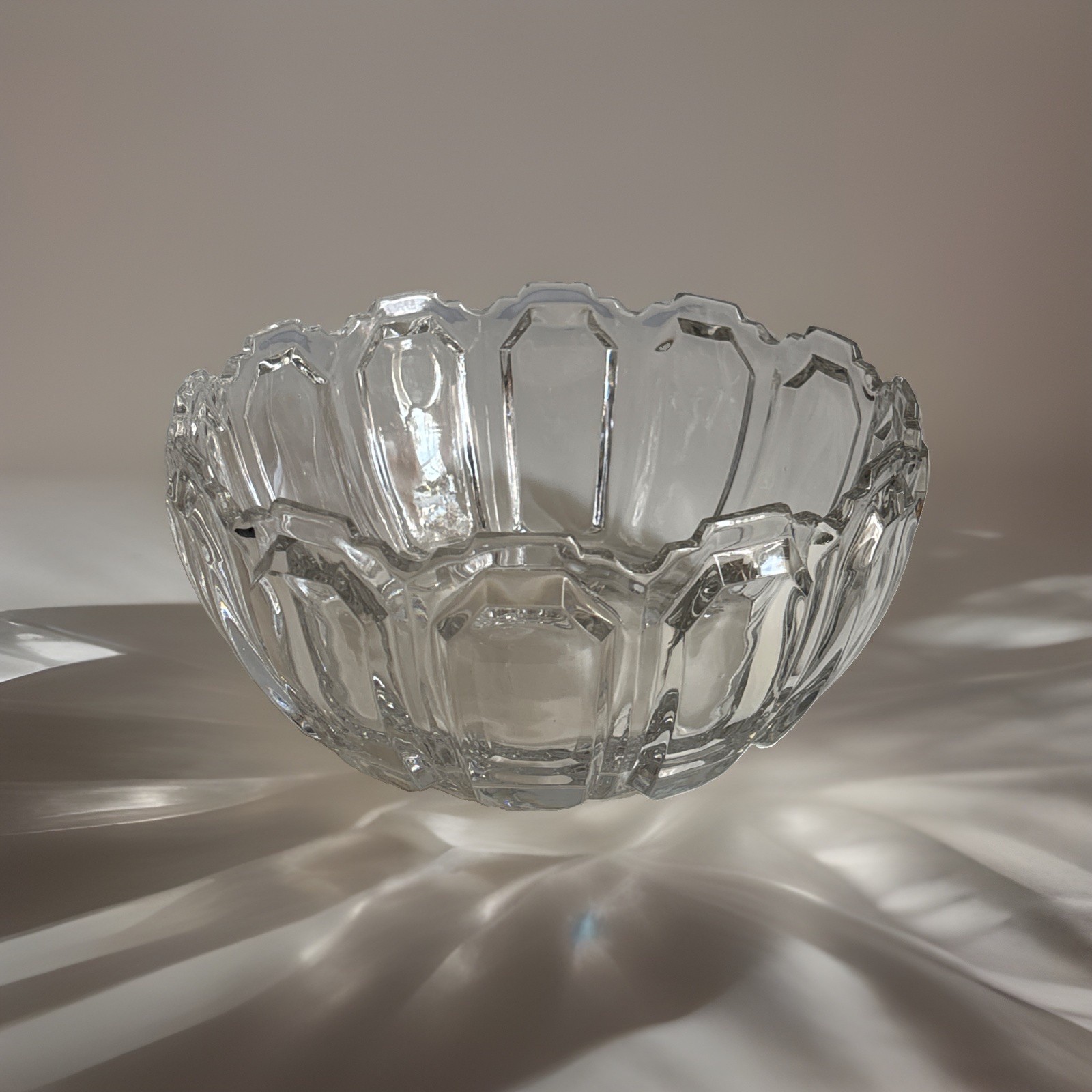 VTG Heavy Clear Crystal Scalloped Edge Paneled Wavy Art Deco Centerpiece Bowl
