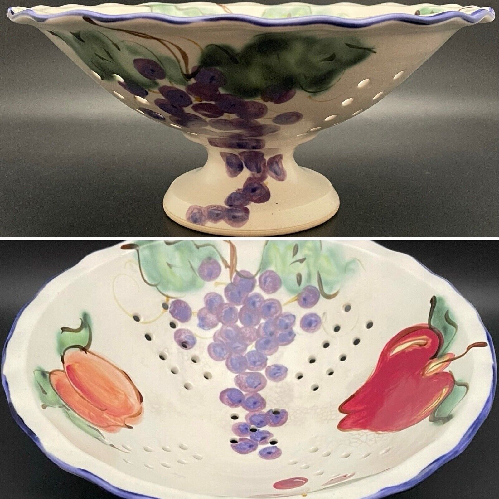 Studio Art Pottery 1996 Fruit Harvest Stoneware Colander Made in USA 11