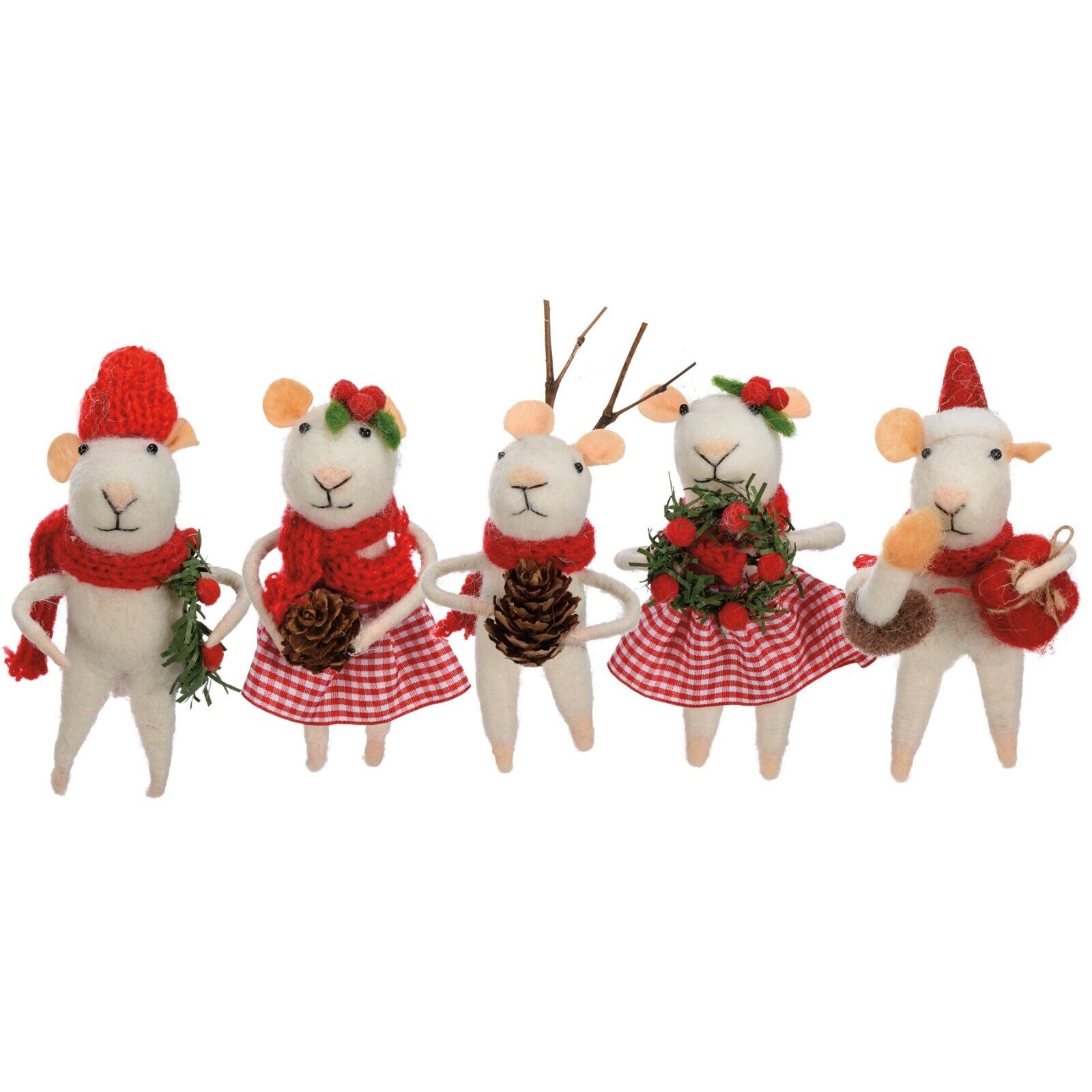 Primitives by Kathy Christmas Felt Mice Set of 5 Critter Holiday Mouse Ornament
