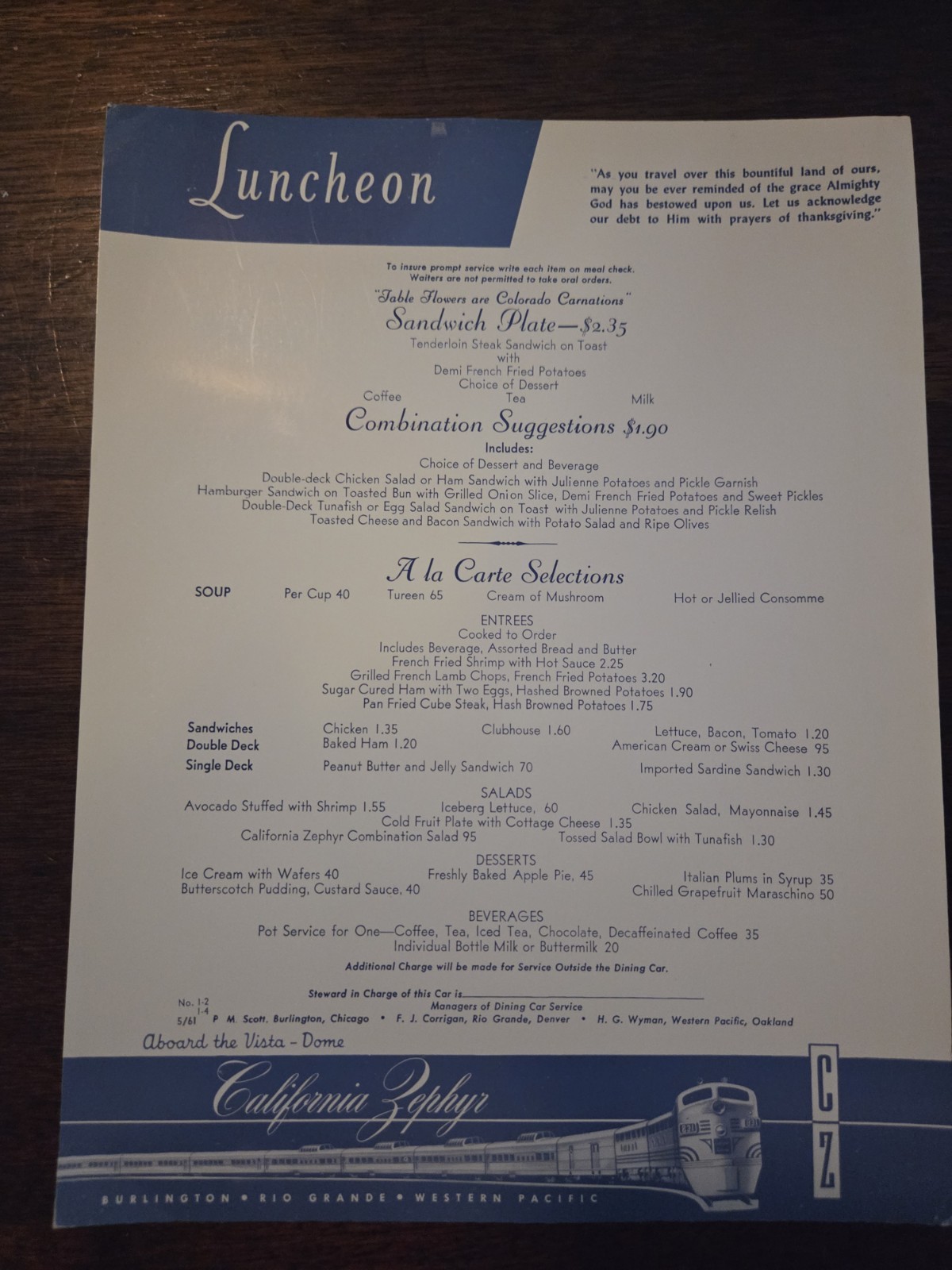 May 1961 California Zephyr Railroad Luncheon Menu  No. 1-2