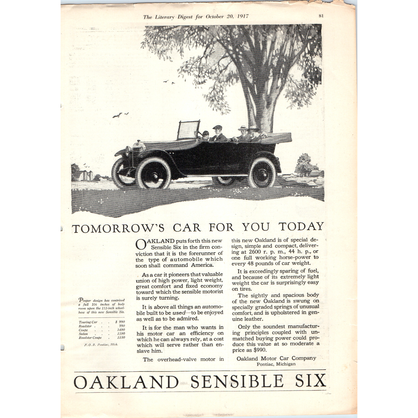 1917 Oakland Sensible Six Touring Print Ad Antique Automobile Pontiac Michigan