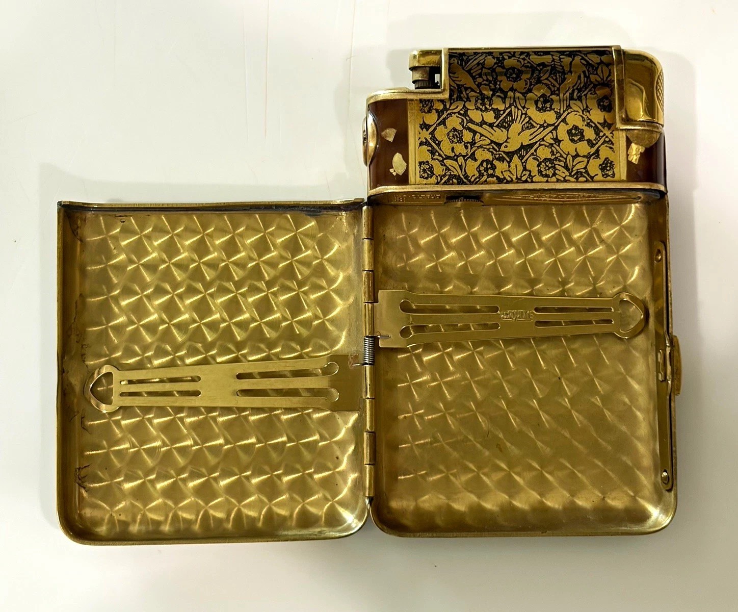 Vintage Marathon Cigarette Case Lighter Combo Art Deco Gold Tone Bird Floral USA