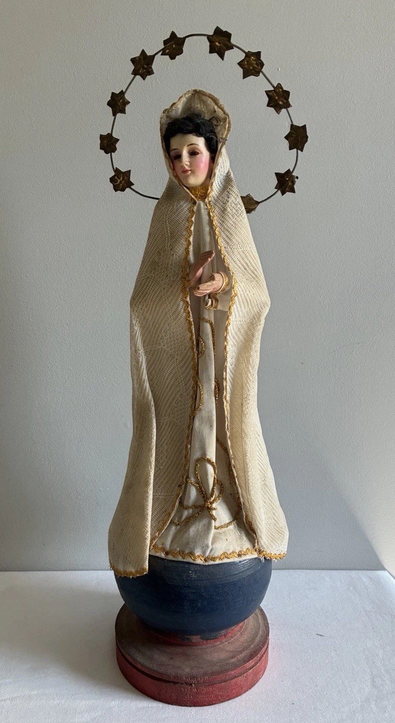 Vintage LARGE 21 Inches Statute Of The Blessed Virgin Mary Wood and Cloth