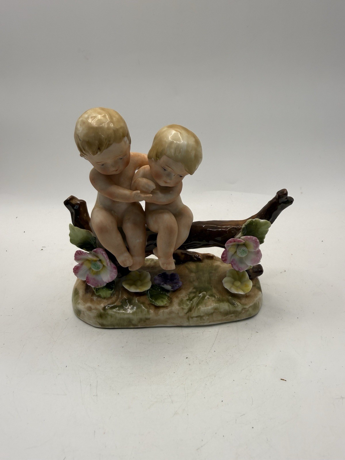 Vintage Ardalt Japan Porcelain Figurine Two Children on Branch Flowers 5