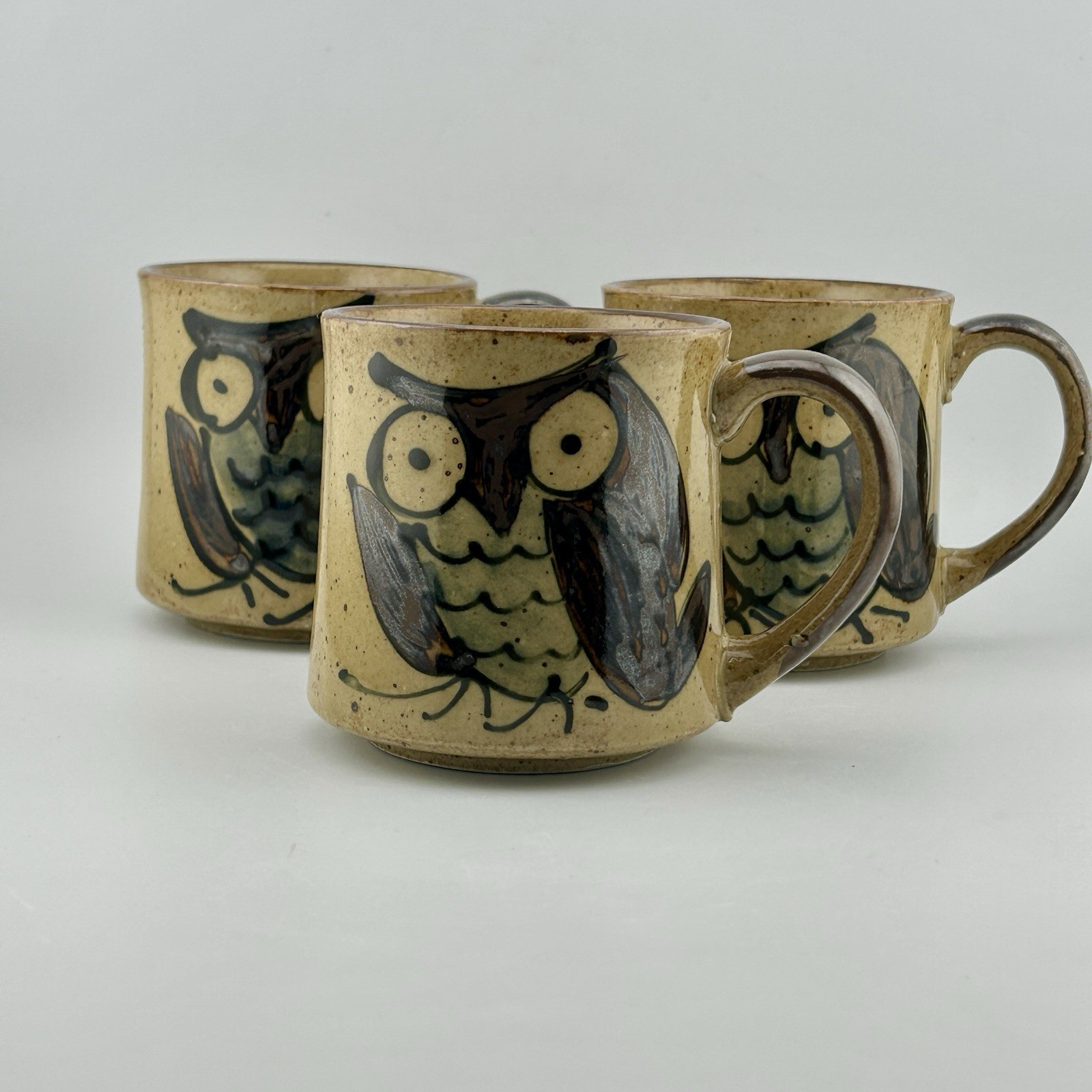 Owl Stoneware Mug Speckled Glaze Folk Art Hand Decorated 70s VTG Set of 3