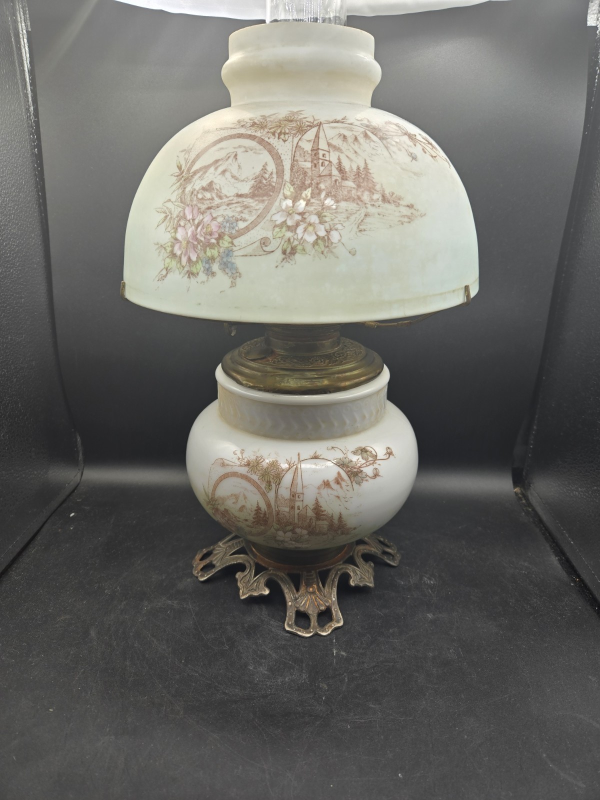 ANTIQUE Late 1800s Floral Mountains Church Oil Lamp Complete