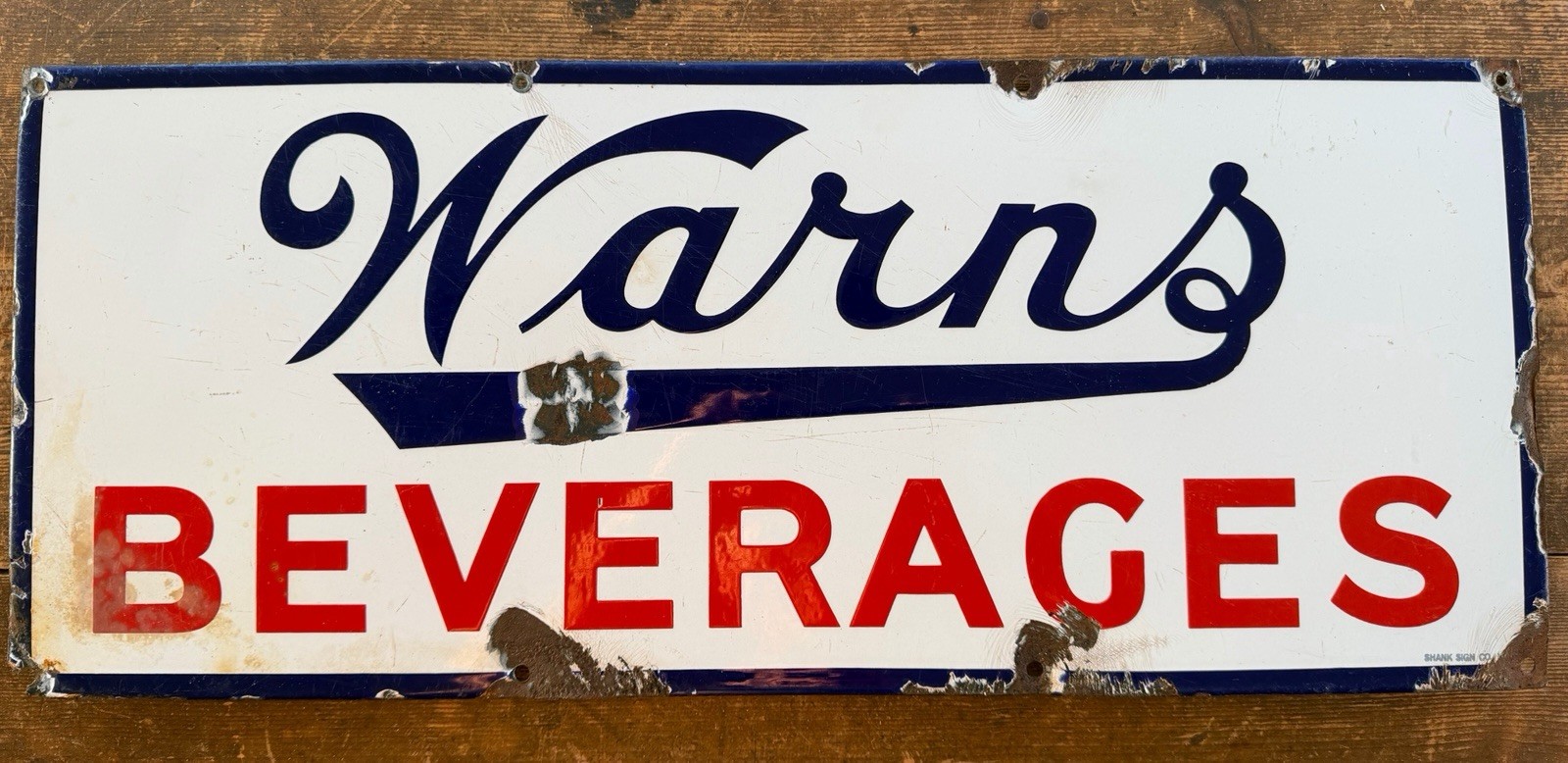 Vintage R.H. Warns Beverages Porcelain Sign Shank Sign Co Jamaica NY 24x10