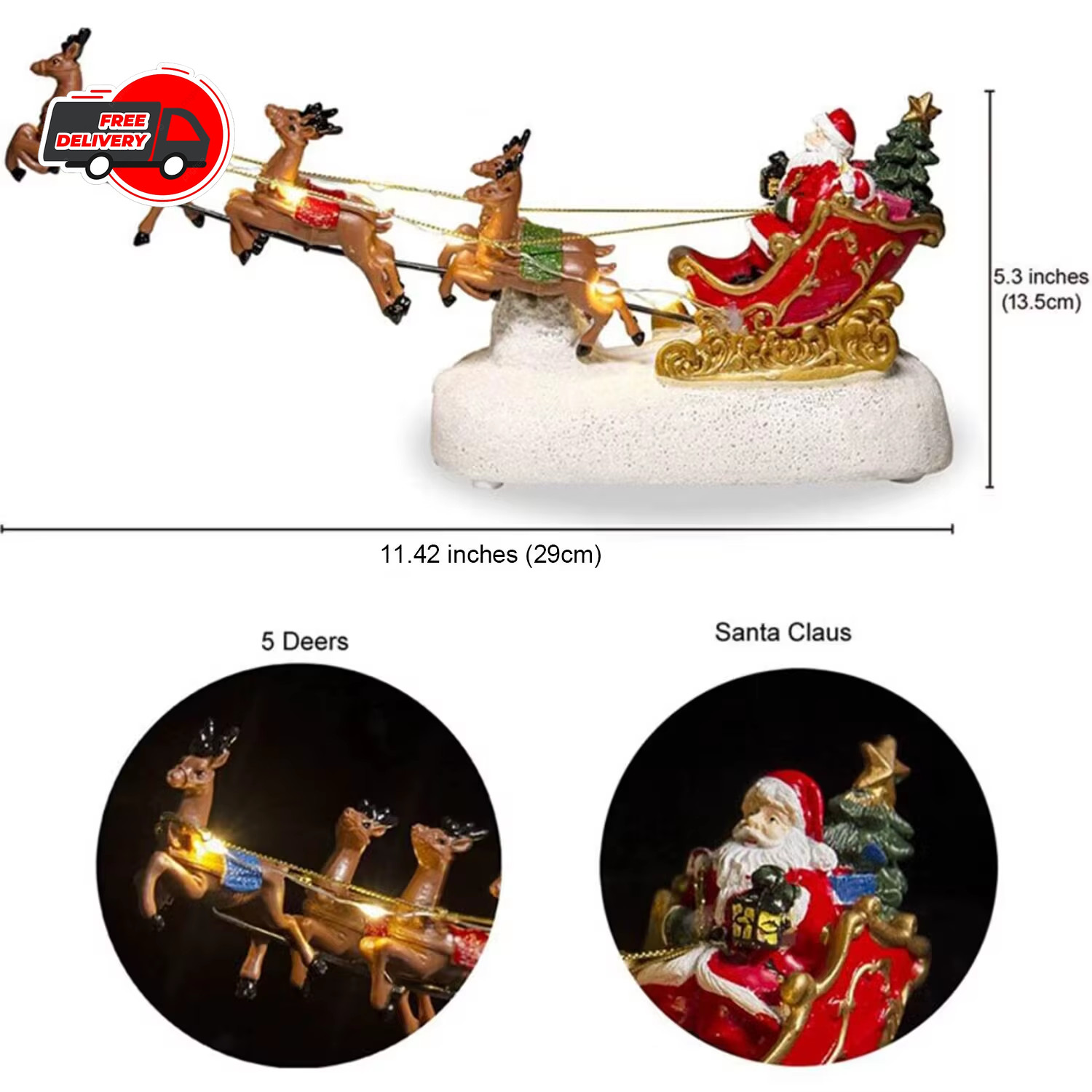 Christmas Santa Claus Sleigh with Reindeer Figurine LED Light Holiday Decor Gift