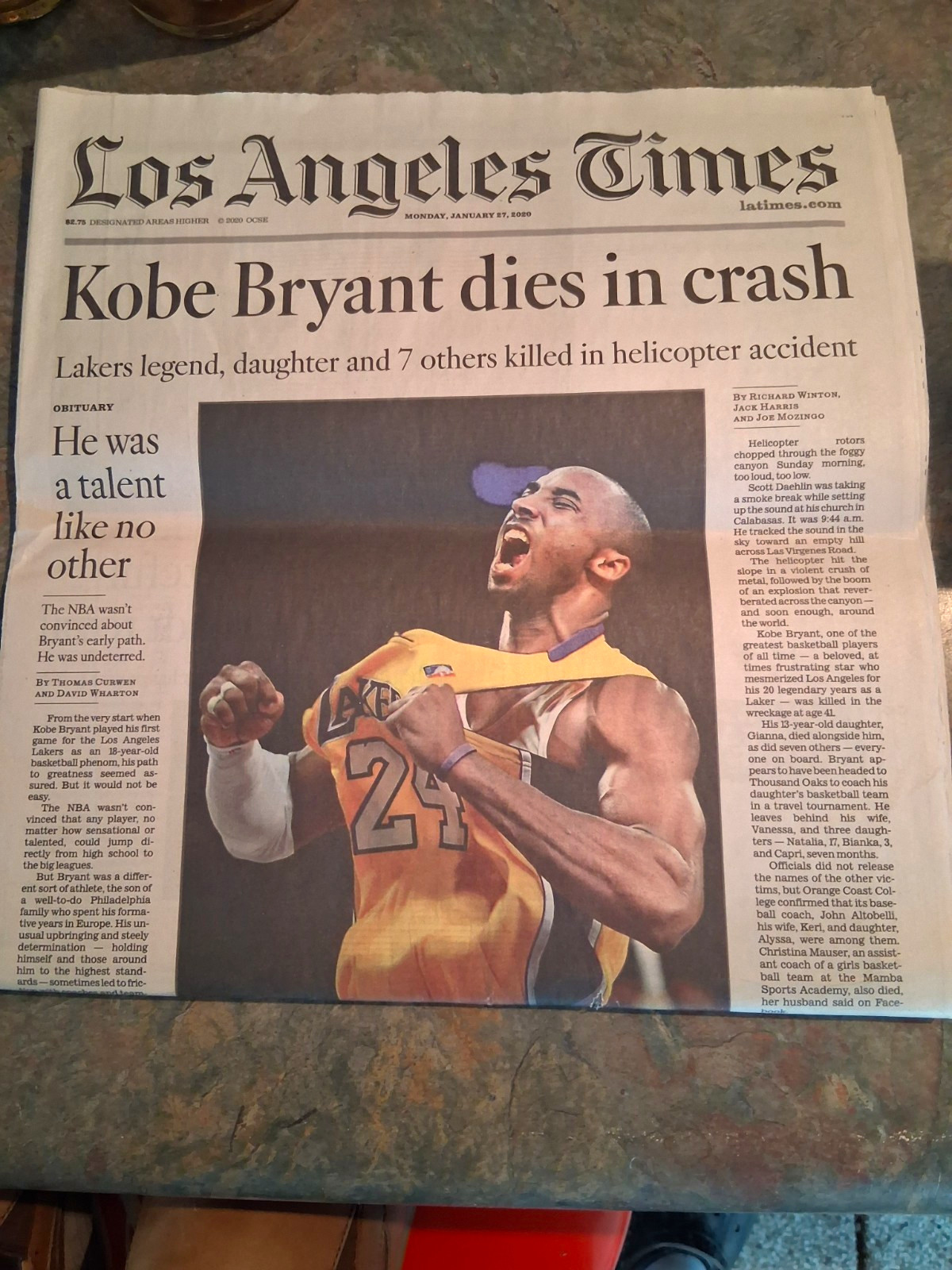 Los Angeles Lakers Kobe Bryant 1978-2020 LA Times Newspaper 1/27/20 Los Angeles Lakers Kobe Bryant 1978-2020 LA Times Newspaper 1/27/20