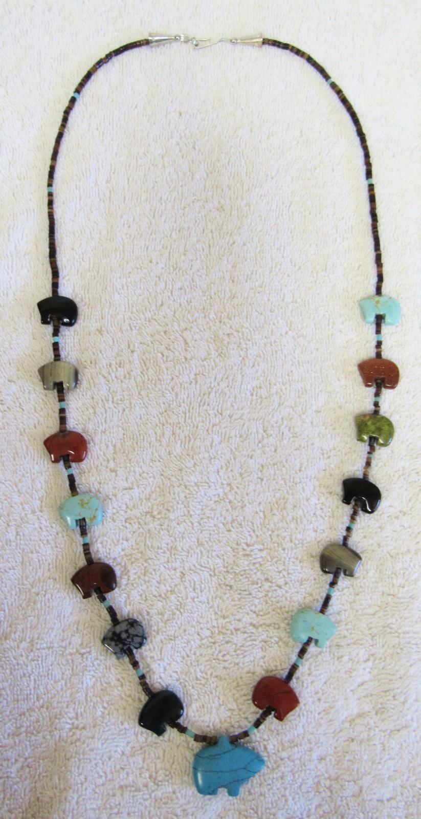 Zuni Indian Turquoise Coral Jasper Jet Carved Stone Bear Fetish Figures Necklace