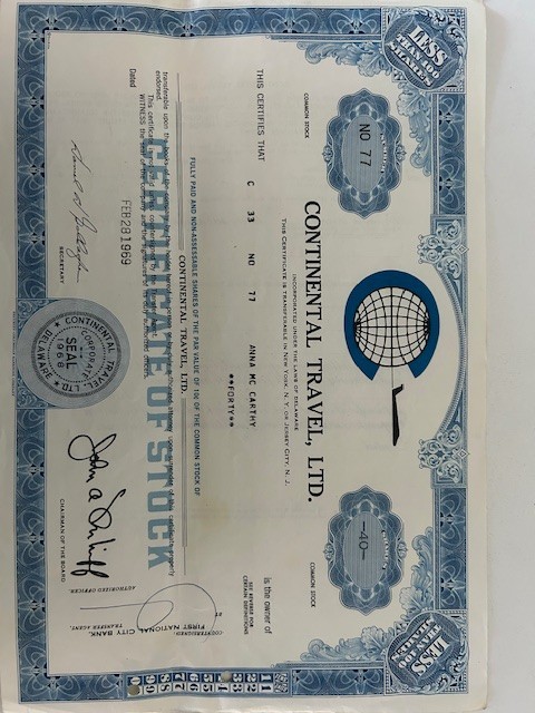 Original 1969 Continental Travel Ltd.  Shareholder Archive