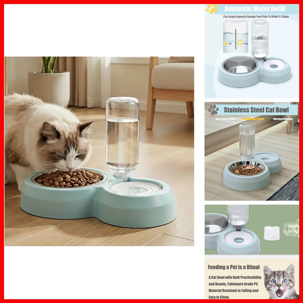 SUNGO 2 in 1 Dog Cat Food Water Bowl Set Auto-Water Dispenser Blue