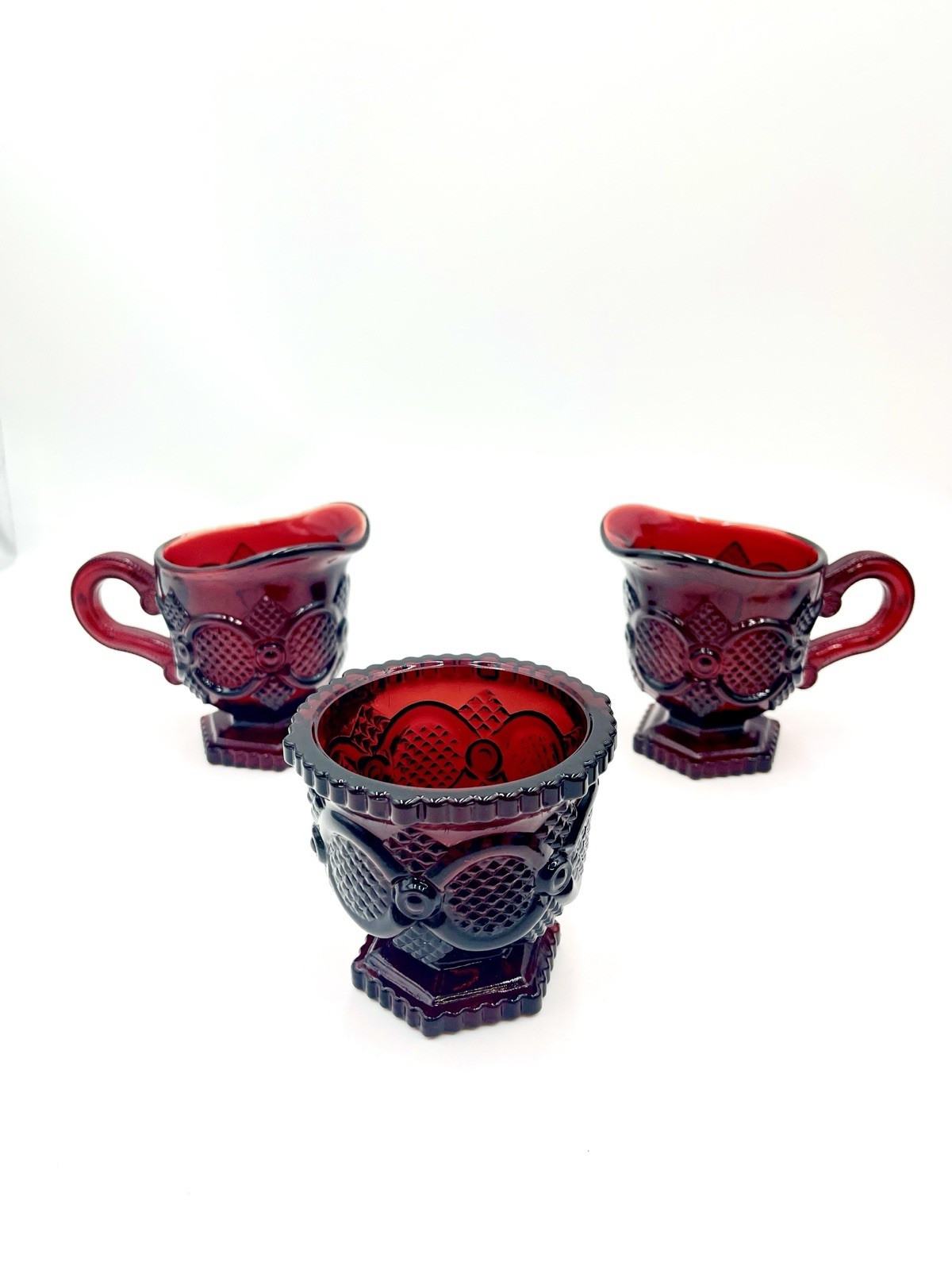 Avon 1876 Cape Cod Collection Ruby Red Glass 2-Creamer and Sugar Bowl Set