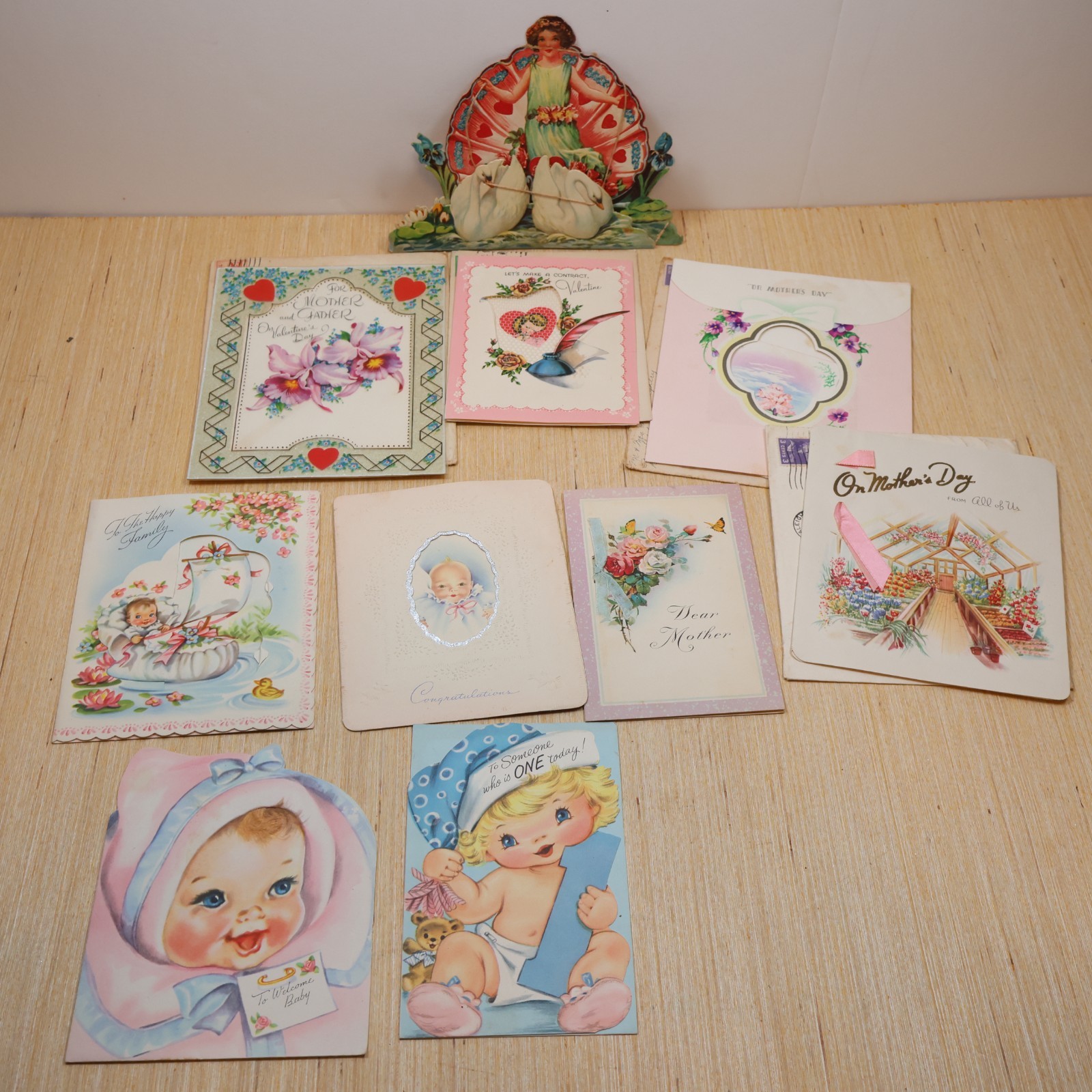 Lot of 10 Vtg Greeting Cards Valentine Mothers Day Baby USED 1930-40s