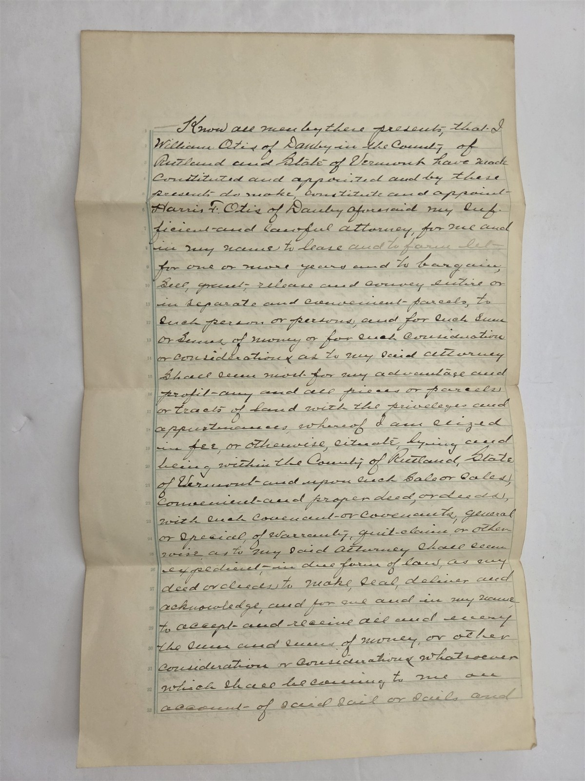 1887 antique WILLIAM OTIS danby vt POWER OF ATTORNEY HARRIS F OTIS DOCUMENT