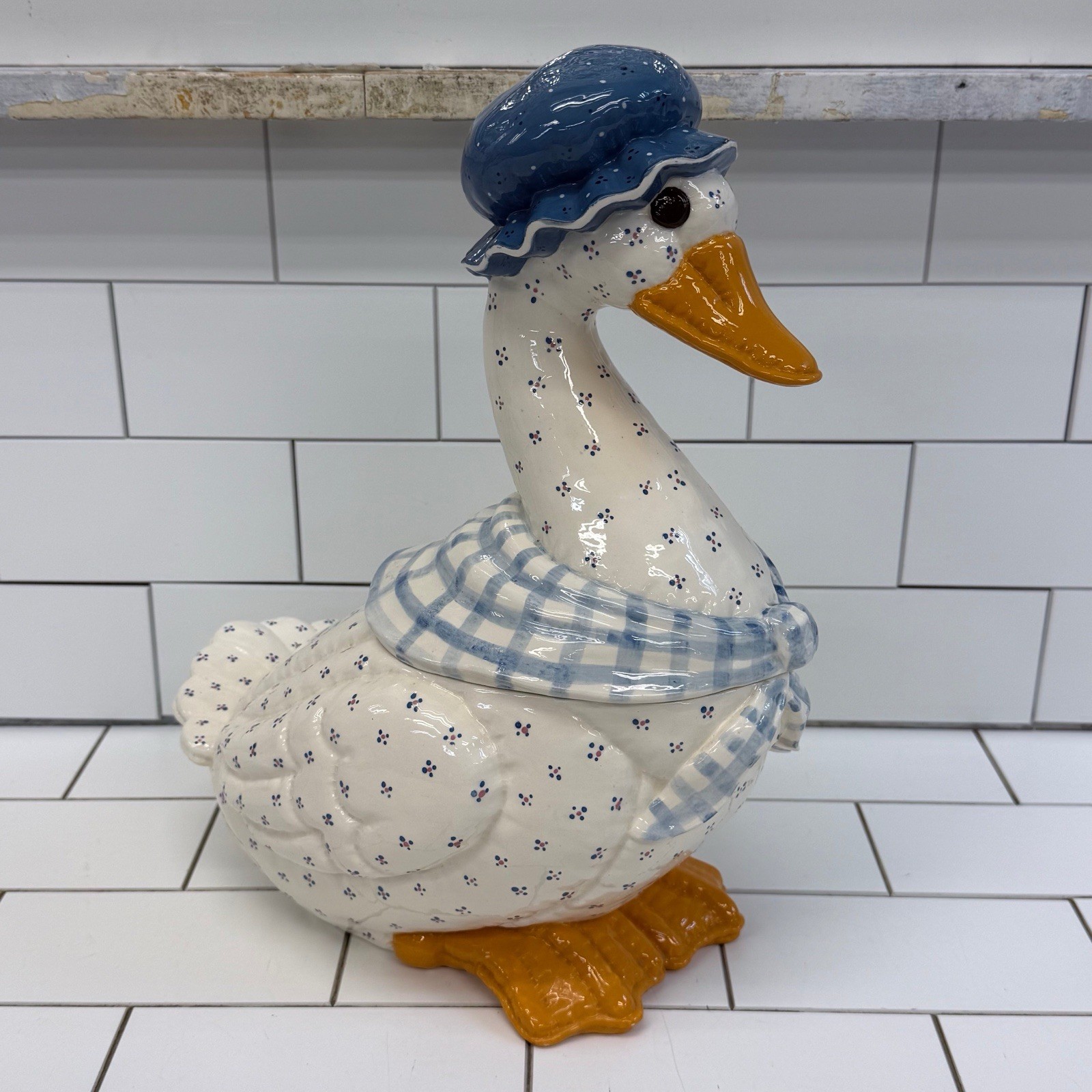Sittre Ceramic Goose Cookie Jar Blue Bonnet Gingham 1984