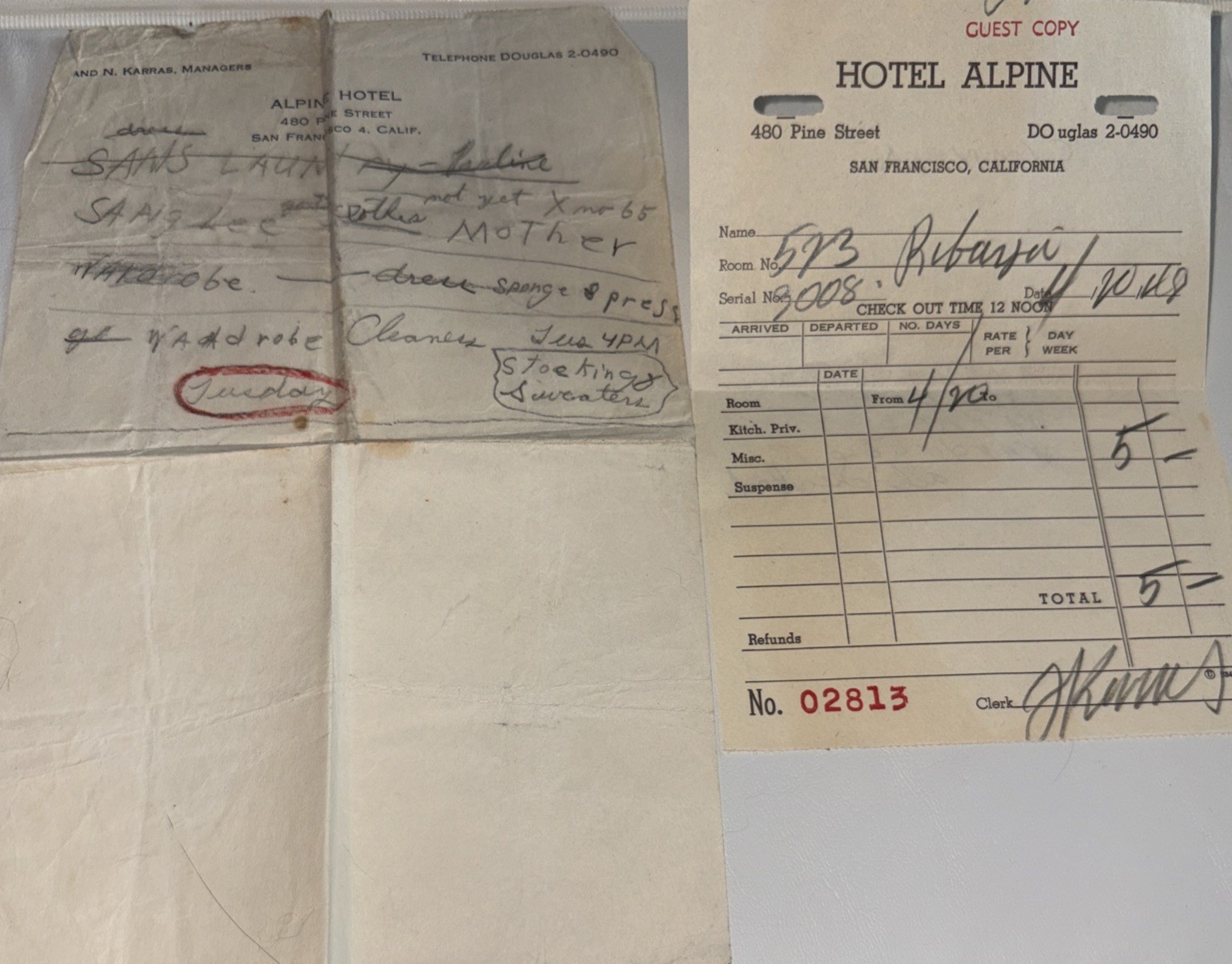 VTG 1948 Hotel Alpine San Francisco 480 Pine St. Receipt &Stationary Note