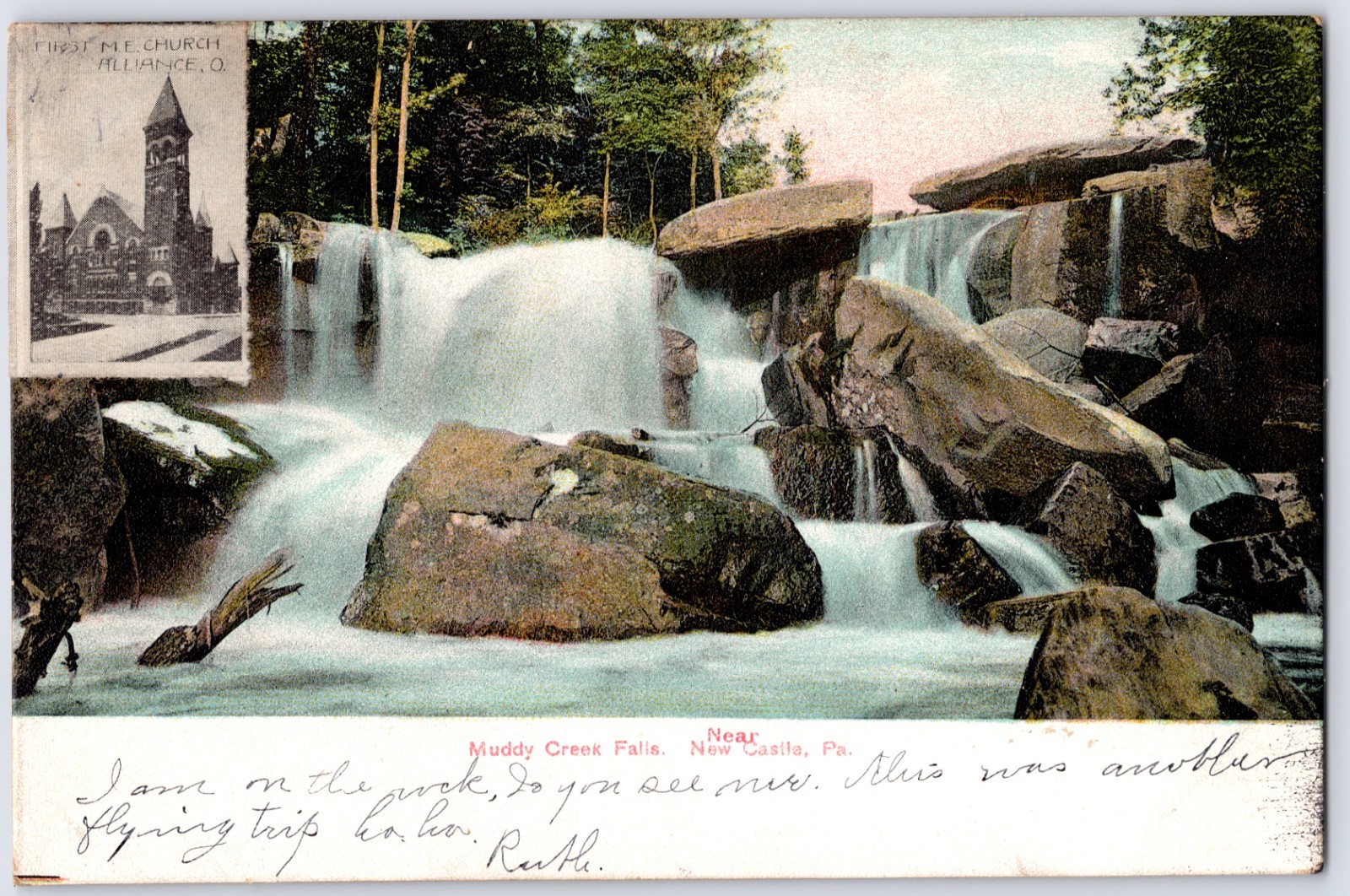ANTIQUE MUDDY CREEK FALLS NEW CASTLE PA ALLIANCE OH CHURCH POSTCARD PV